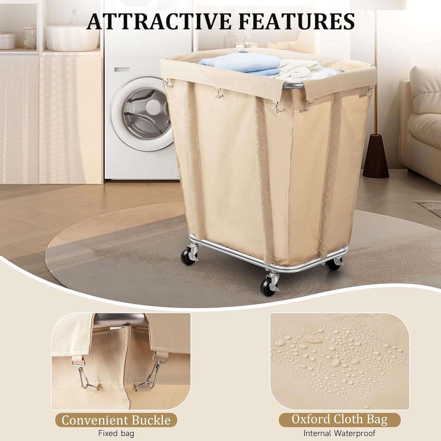 Rengue Commercial Laundry Cart with Wheels, 320L Capacity Laundry Sorter Rolling Laundry Hamper with Waterproof Oxford Basket and Sturdy Steel Frame, 260 lbs Load, Beige
