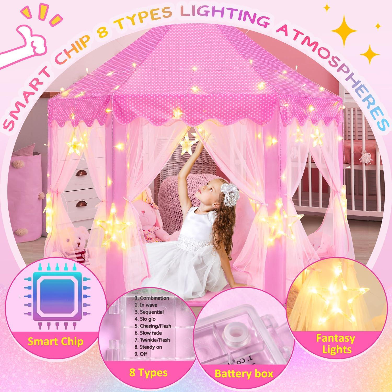 EVOIONOS Princess Tent for Girls, Kids Play Tent with LED Star Lights, Castle Playhouse for Children Indoor Outdoor Games, 55X53 inches, Pink