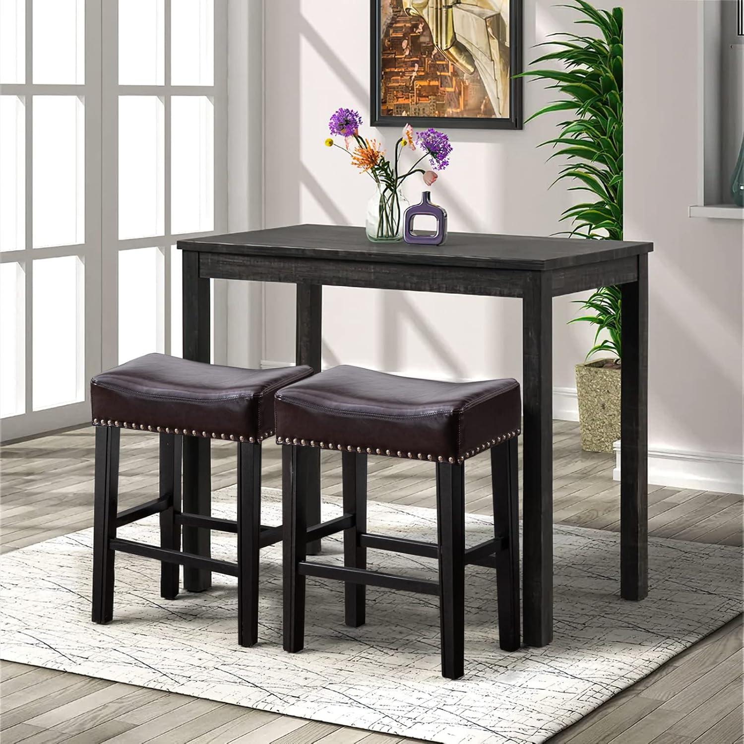 Bar Stools Set of 2, 26" Faux PU Leather Upholstered Counter Height Backless Saddle Stools with Nailhead Trims and Solid Wood Legs Farmhouse Island Chairs for Kitchen Dining Room Pub, Gray