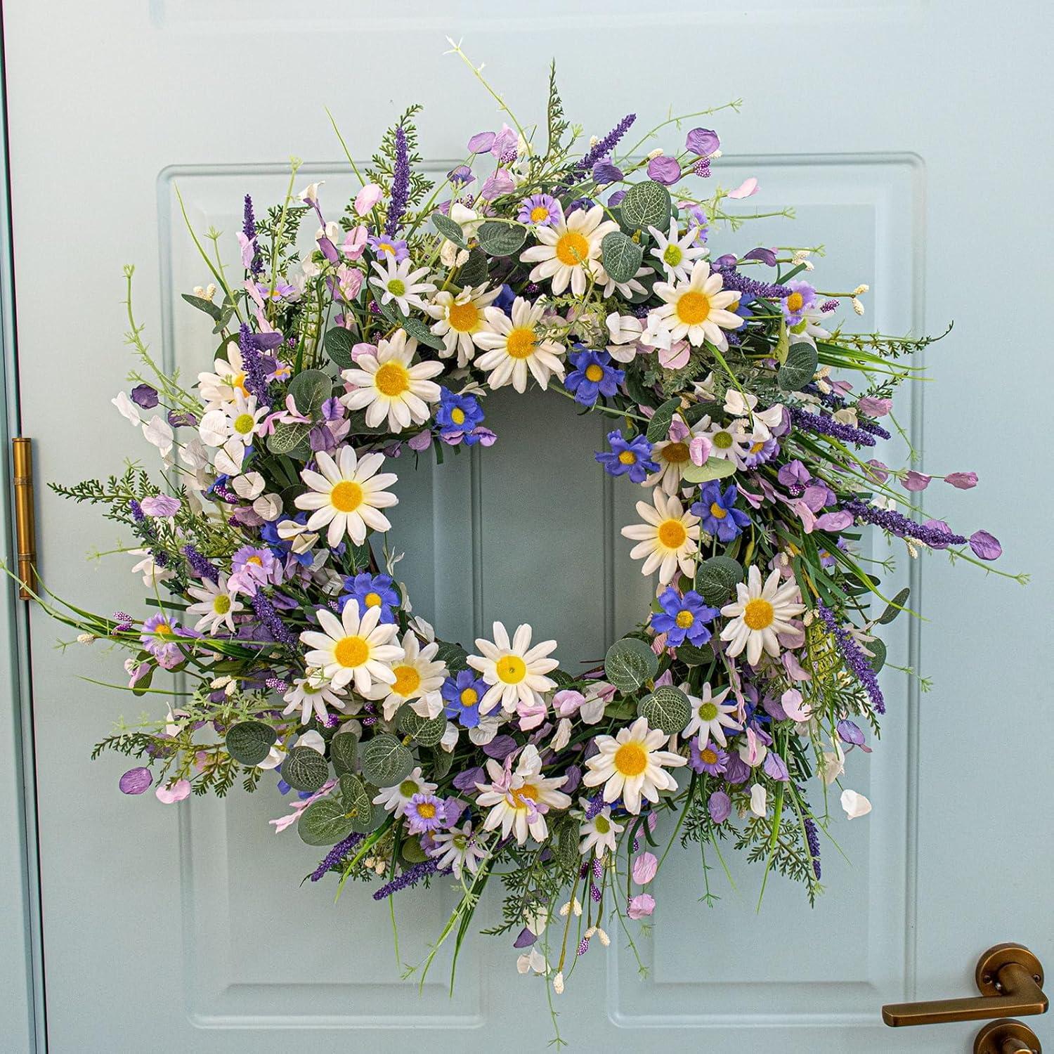 22 Inches Spring Wreaths for Front Door Blue Spring Door Wreath Summer Floral Wreath with Wildflower Lanvender for Wall Porch Indoors Outdoor Window Home Decorations