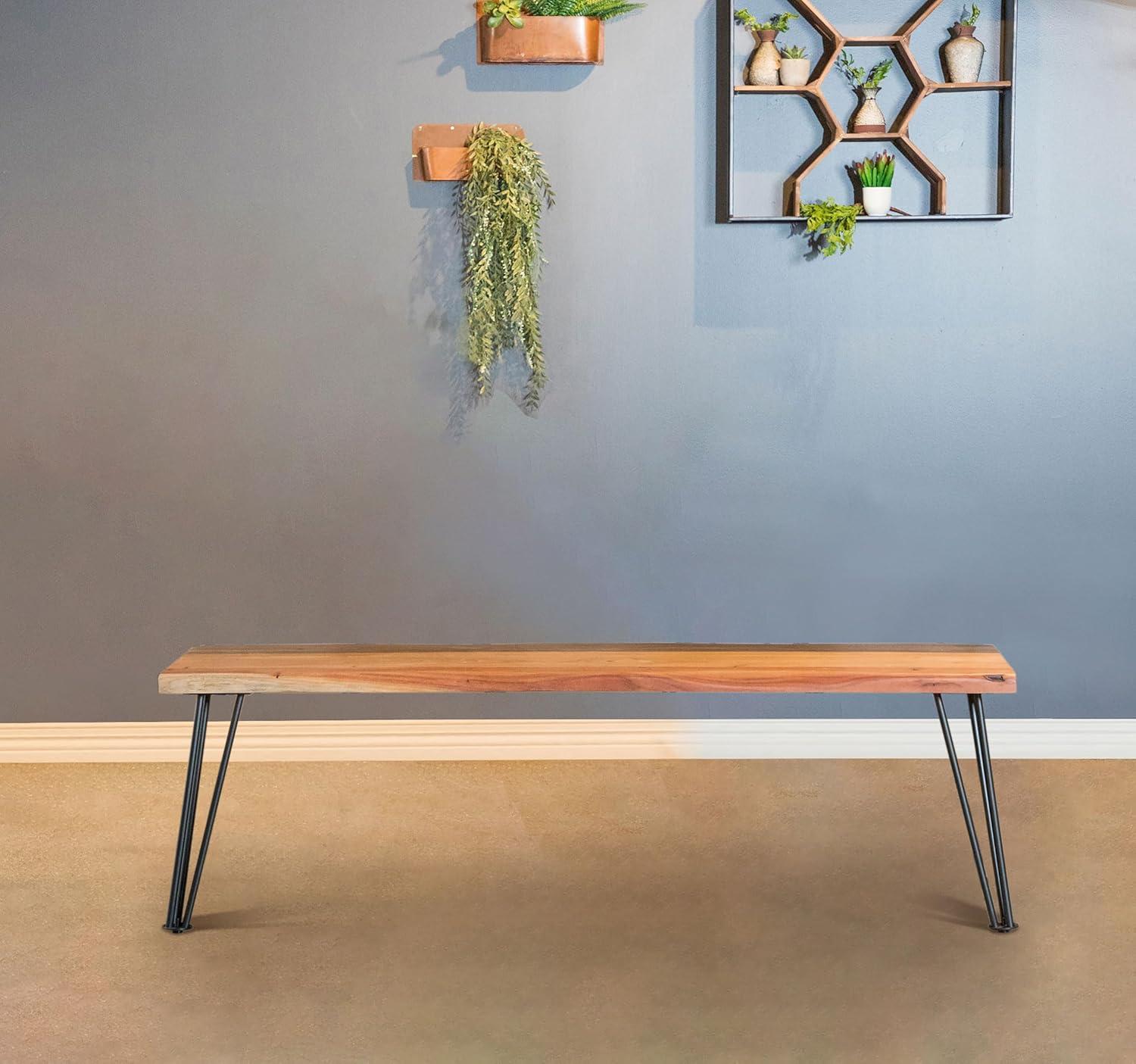 Sherman Rustic Industrial Natural Acacia Dining Bench with Gunmetal Hairpin Legs