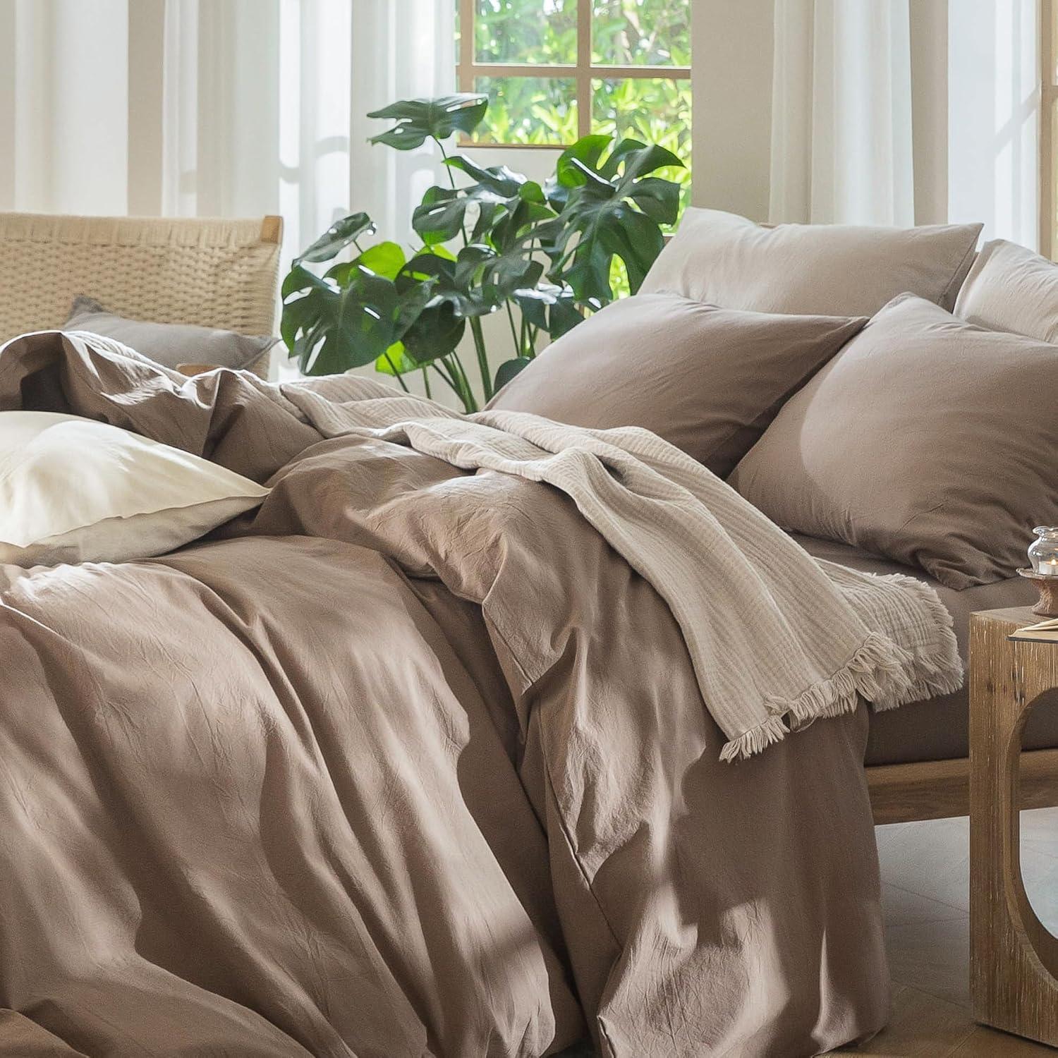 MooMee Washed Cotton Duvet Cover Set Linen Like Textured Breathable 3-Piece (Mocha Brown, Queen)