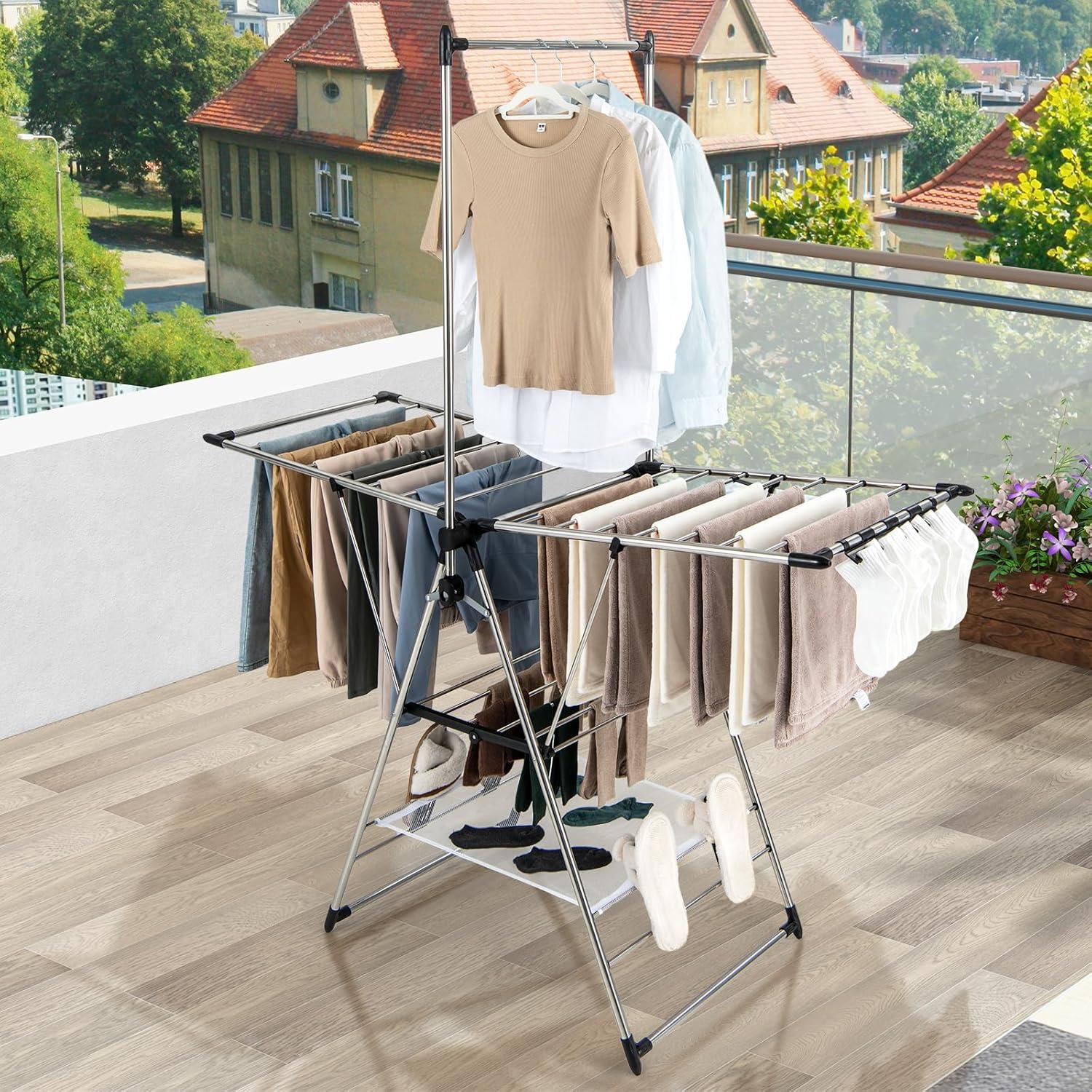 Topbuy Clothes Drying Rack Aluminum Gullwing Style Rack with 6-Level Adjustable Height High Hanger Design Side Clips