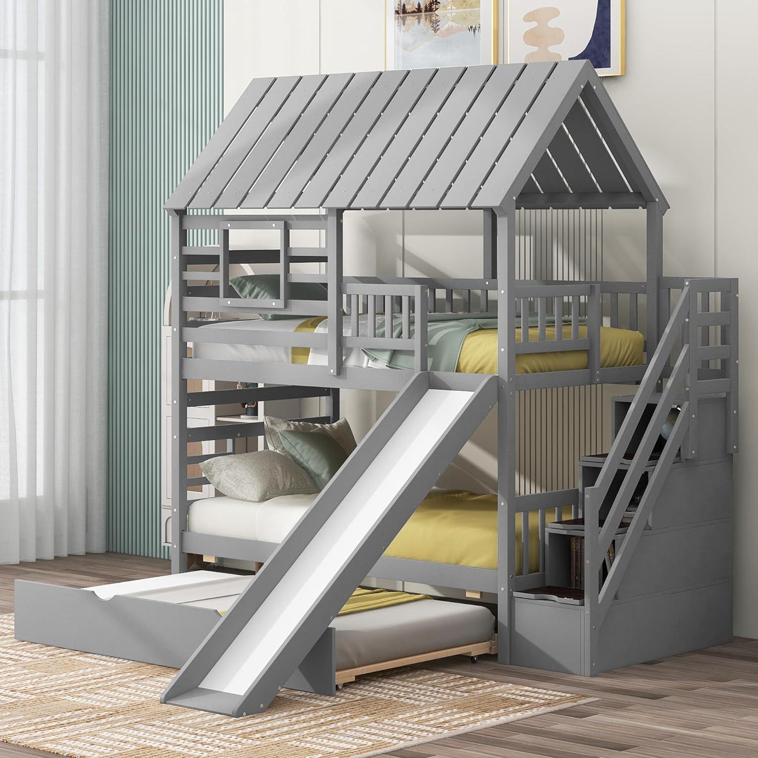 Harper Orchard Twin Over Twin House Bunk Bed With Trundle And Slide