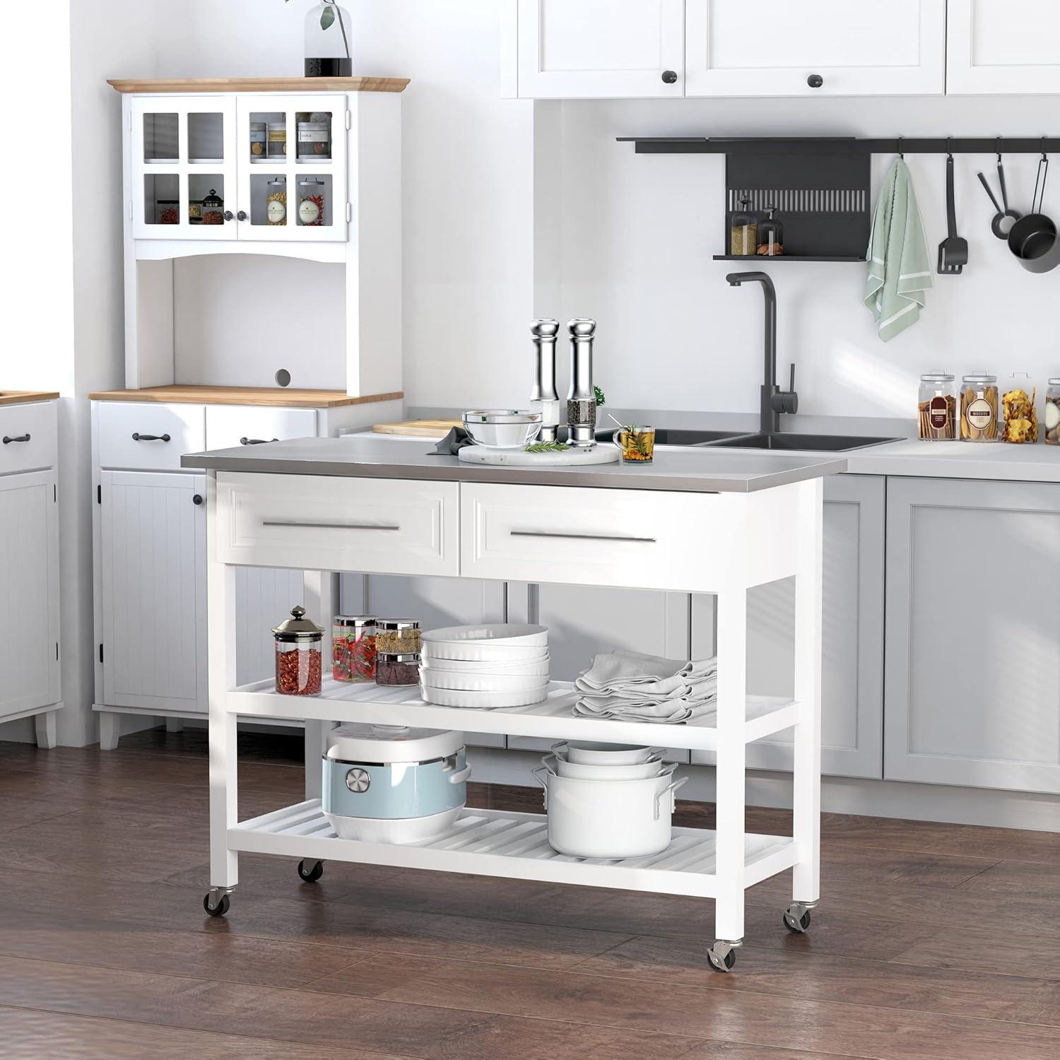 HOMCOM Kitchen Island with Stainless Steel Top, Traditional Kitchen Island with Storage, 2-Tier Open Shelves, Drawers