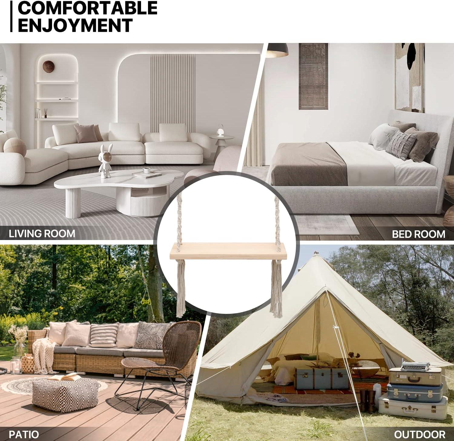 MoNiBloom Wooden Swing, Outdoor Flat Bench Seat with Metal Ring, Tree Swing with 350lbs Load for Adult Kids Garden Yard Indoor Outdoor, Beige