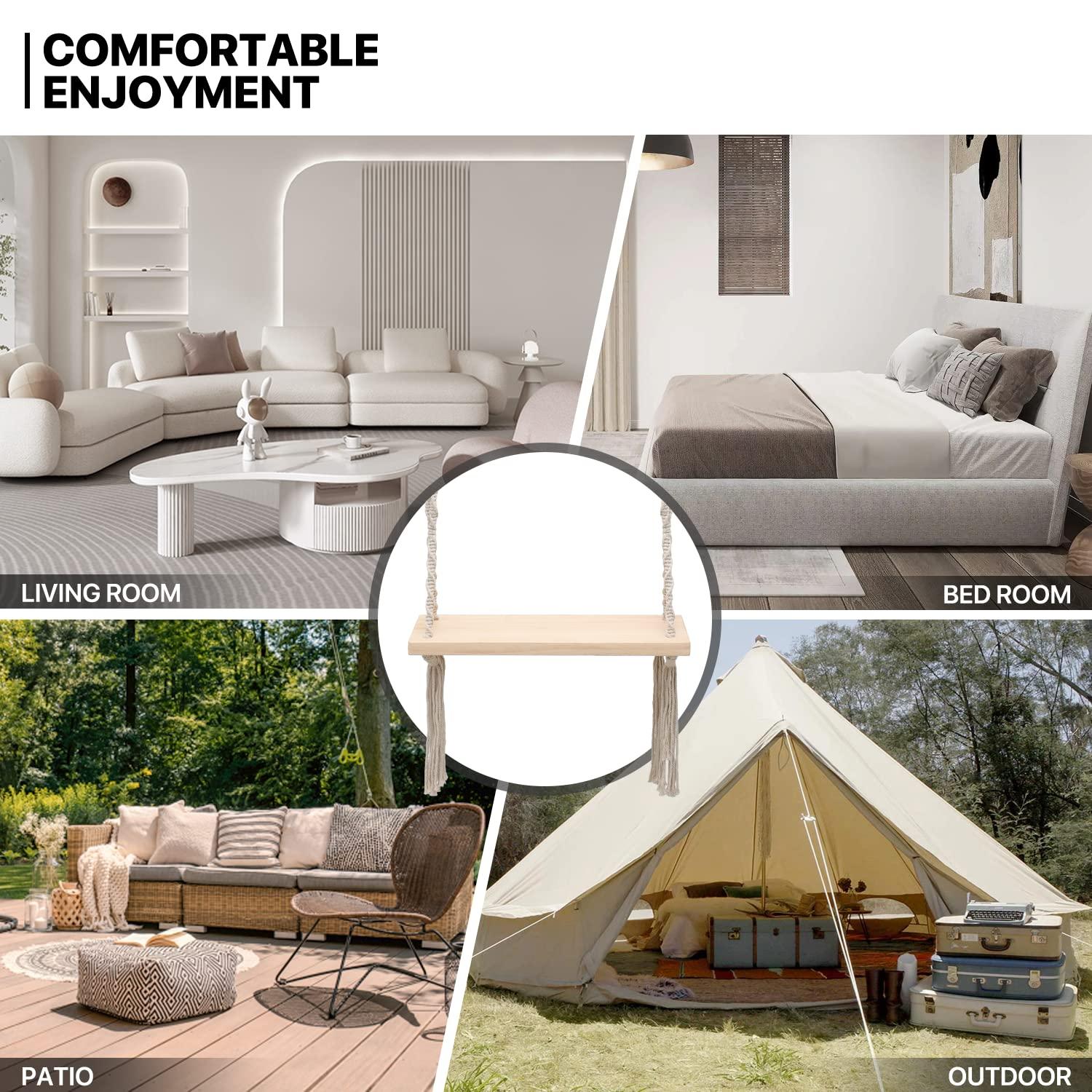 MoNiBloom Wooden Swing, Outdoor Flat Bench Seat with Metal Ring, Tree Swing with 350lbs Load for Adult Kids Garden Yard Indoor Outdoor, Beige