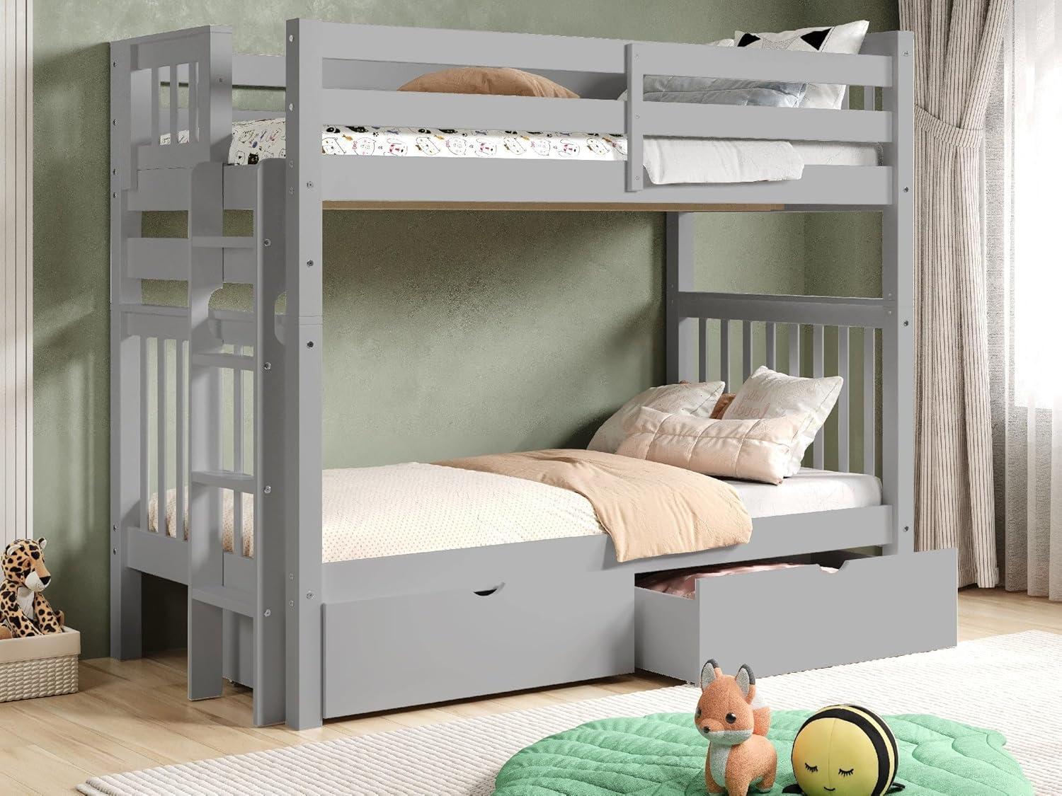 Bedz King Tall Bunk Beds Twin over Twin Mission Style with End Ladder and 2 Under Bed Drawers, Gray