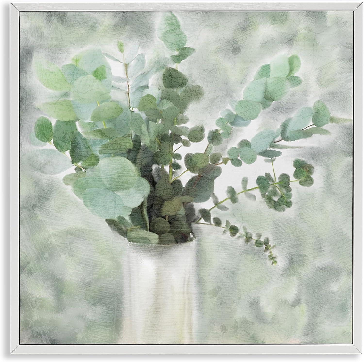 Sage Green Painterly Eucalyptus In White Vase Botanical & Floral Framed Art Print Wall Art, 17x17