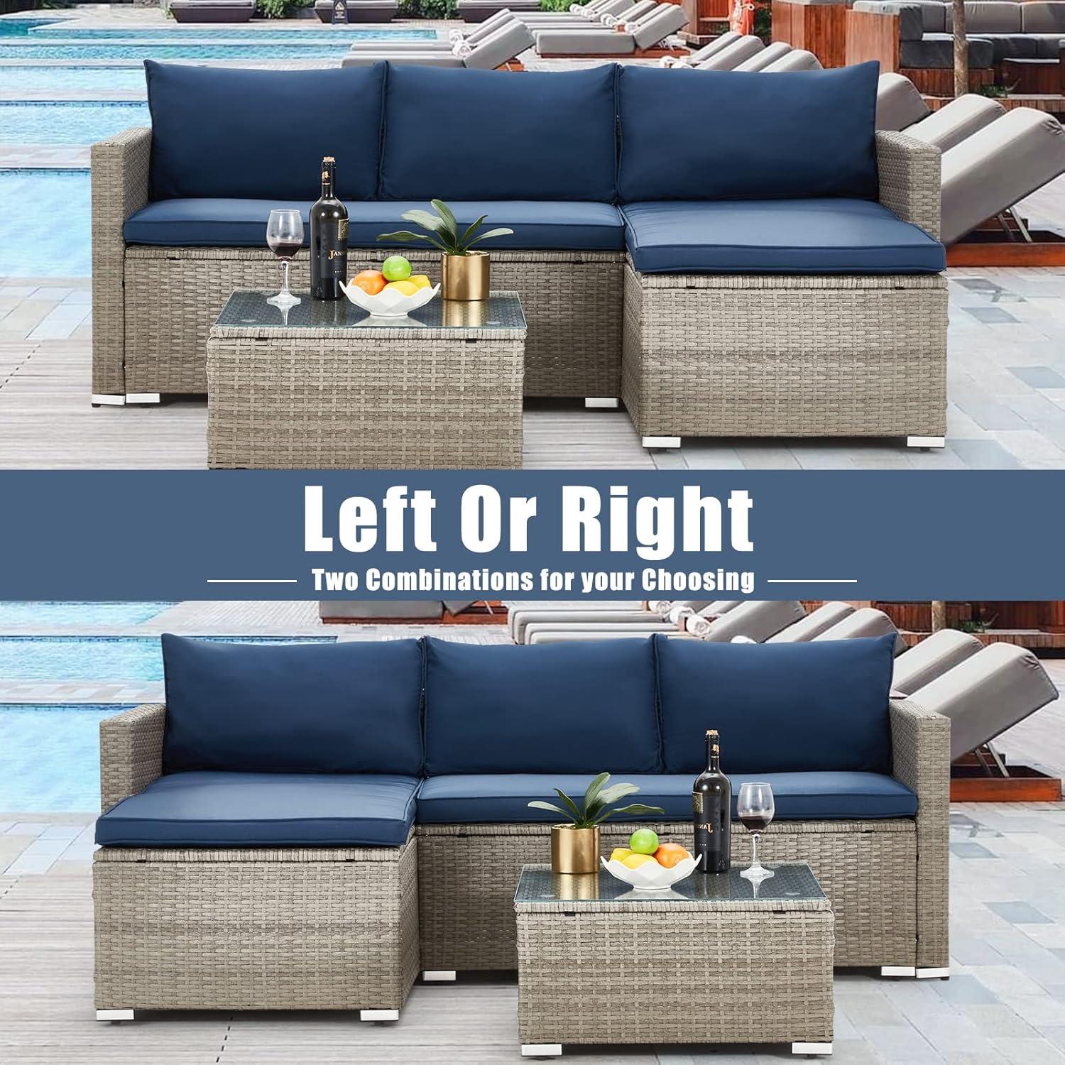 AVAWING Outdoor Patio Furniture Sets, All-Weather Sectional Sofa with Tempered Glass Table, 3 Pieces Patio Wicker Couch with Washable Cushions for Garden, Backyard and Porch （Blue）