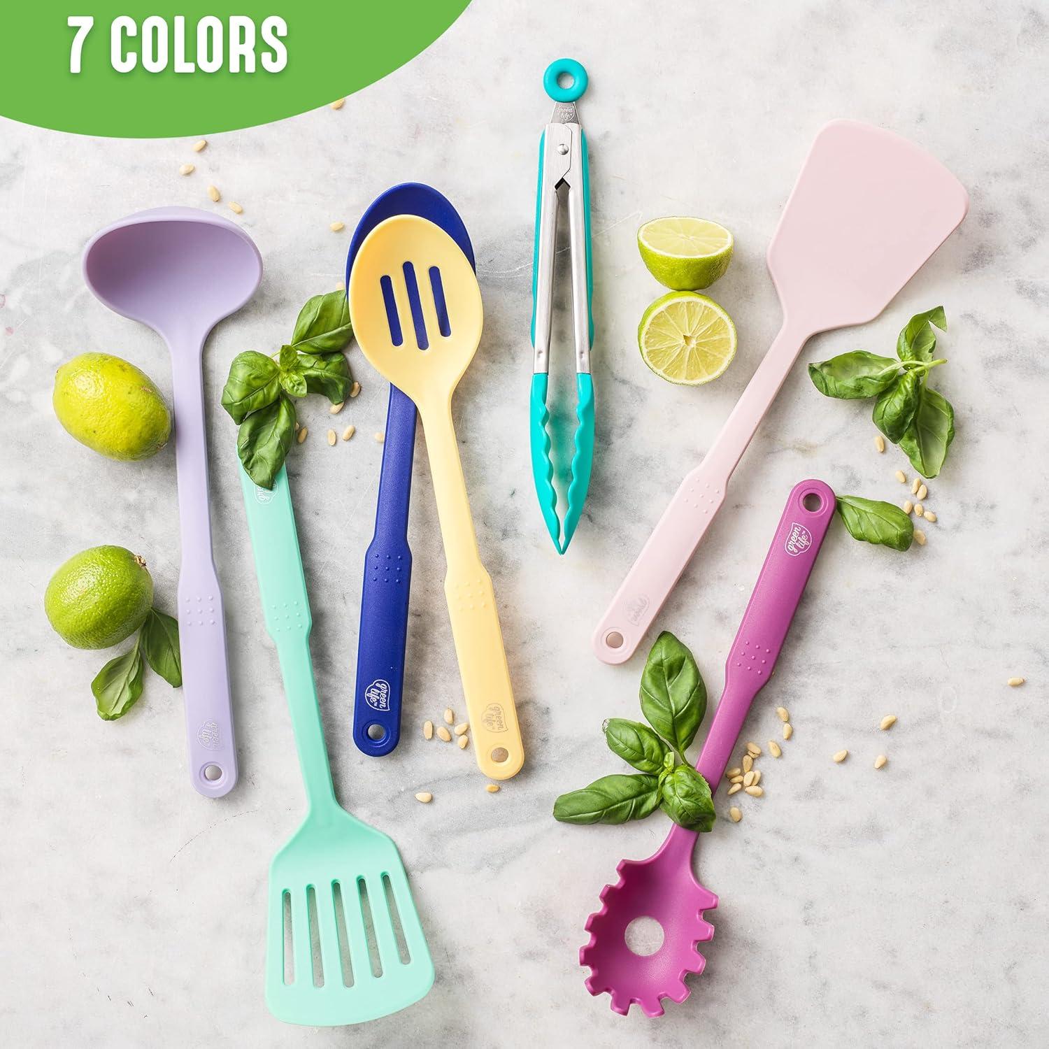 GreenLife Cooking Tools and Utensils, 7 Piece Nylon Set including Spatulas Turner Spoons and Tongs, Dishwasher Safe, Bright Pink