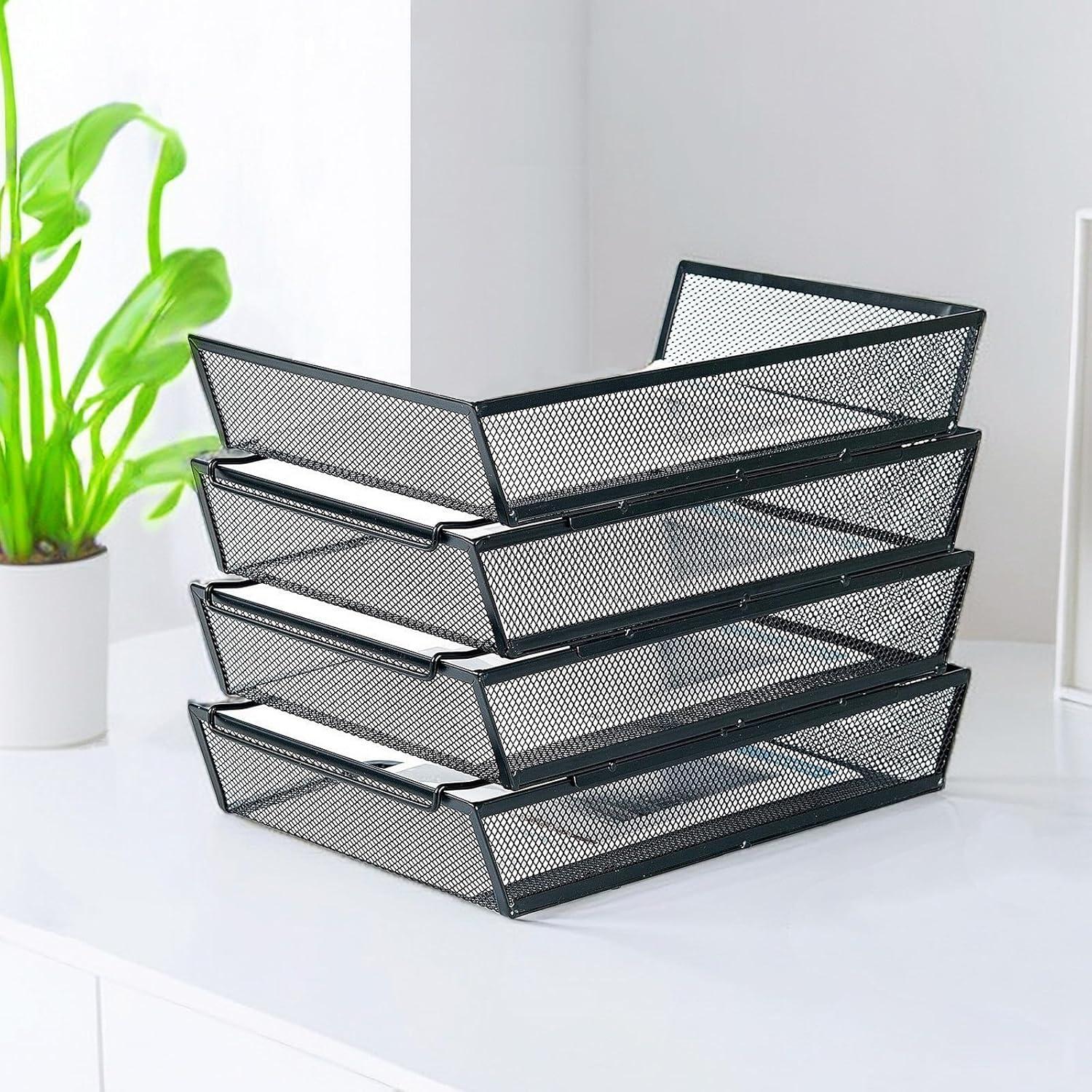 Stackable Paper Tray Desk Organizer – 4 Tier Metal Mesh Letter Organizers for Business, Home, School, Stores and More, Organize Files, Folders, Letters, Paper, Binders