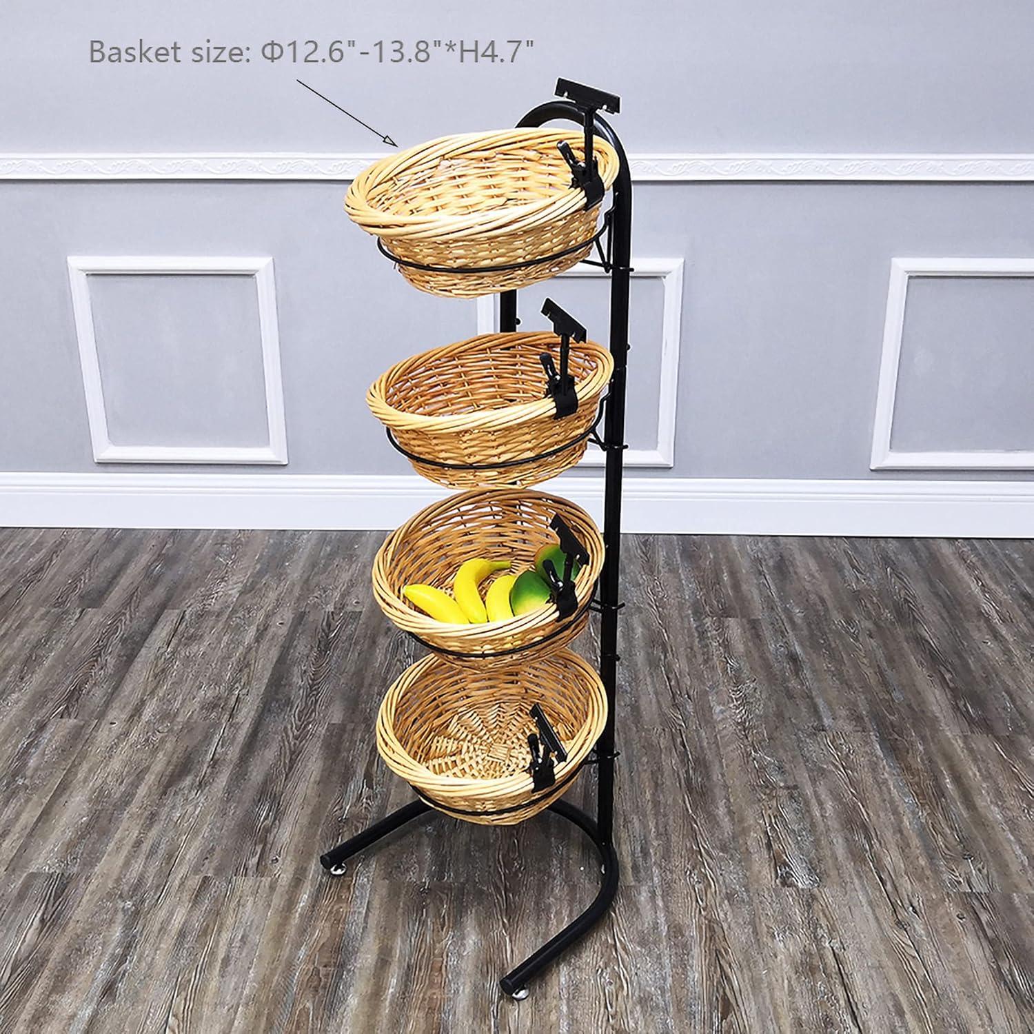 FixtureDisplays 4 Tier Basket Stand, Sign Clips, Wicker Grocery Store Rack Display, Market Basket Rack Kitchen