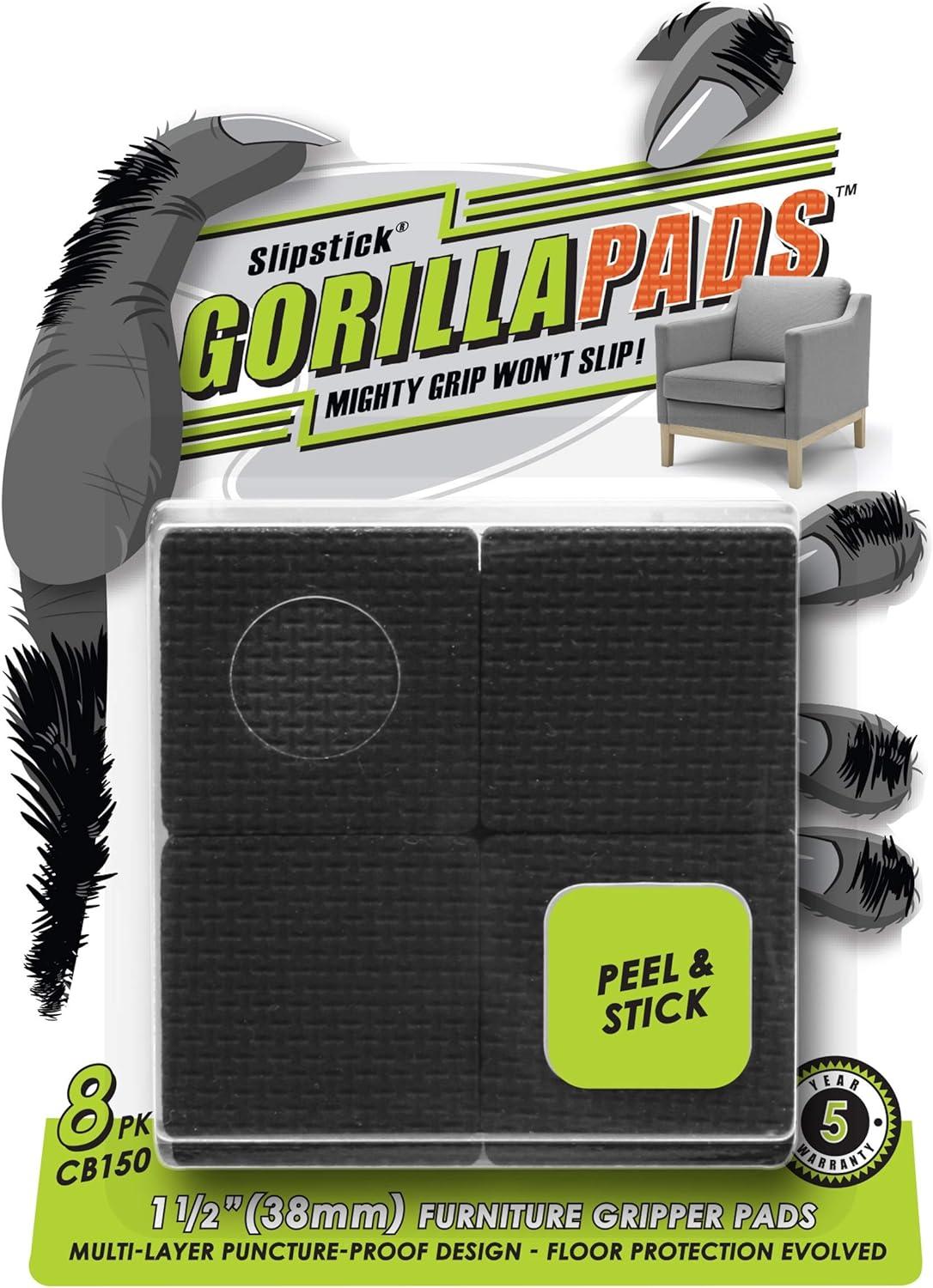 Slipstick GorillaPads CB150 Non Slip Furniture Pads/Rubber Grips (Set of 8) Self Adhesive Furniture Feet Floor Protectors, 1-1/2 inch Square, Black