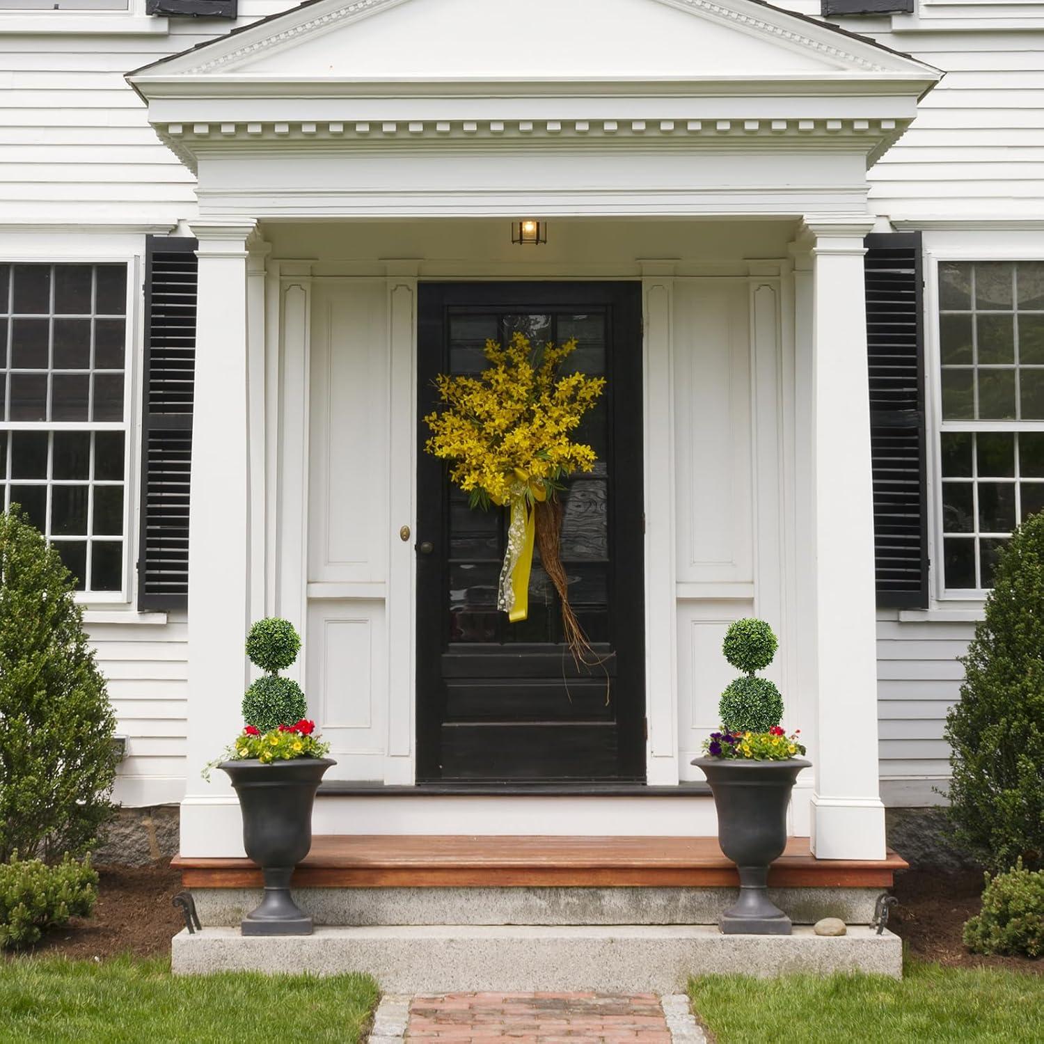 22’’ Faux Boxwood Topiary Ball Tree Set of 2, Artificial Plants Outdoor Weather Resistant, Cement-Filled Potted Bushes, Evergreen Topiary Trees Artificial for Porch Decoration Indoor Outdoor