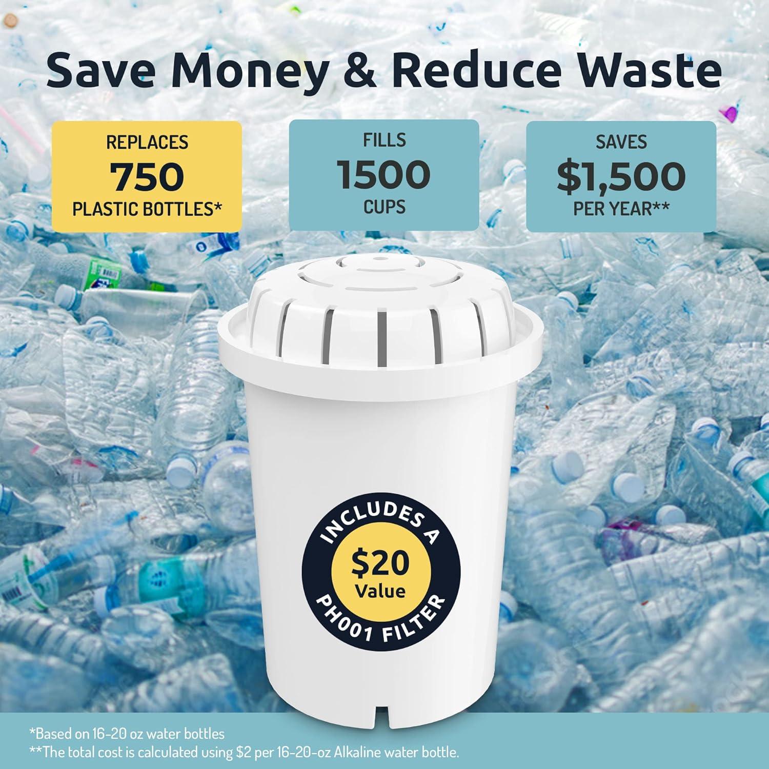 Invigorated Water pH Recharge Alkaline Water Filter Dispenser – BPA-Free Glass Countertop Water Filter Pitcher Purifier for Home & Office, 36-Cup Capacity, 360L Long Filter Life (Bamboo/Marble)