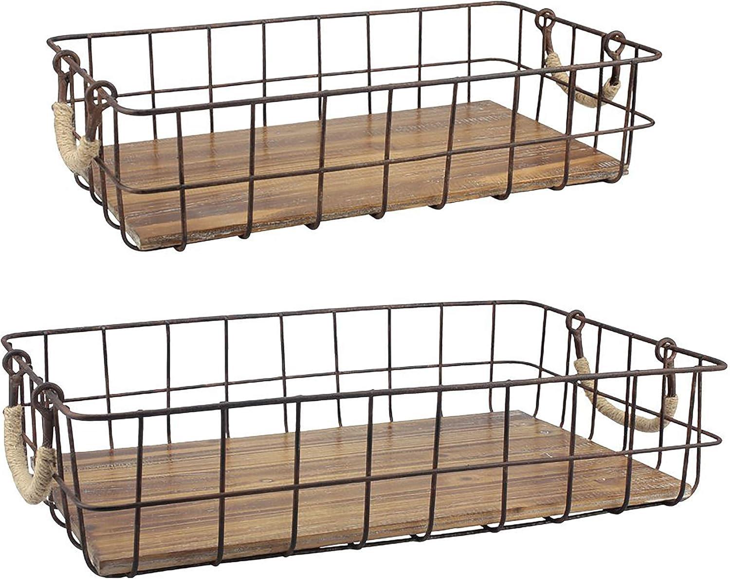 Rustic Woodgrain and Distressed Metal Rectangular Basket Duo