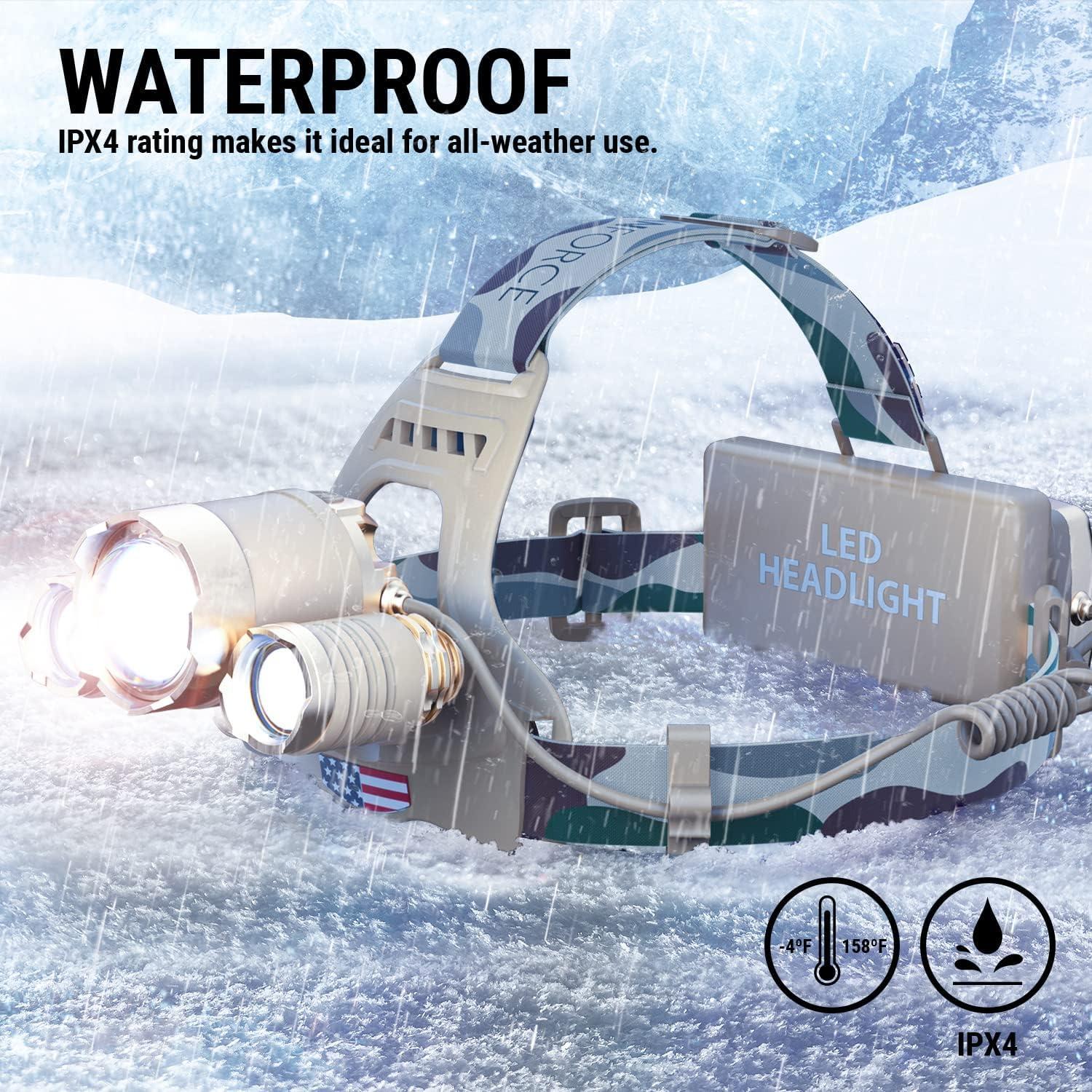 DanForce Camouflaged Headlamp Ultra Bright USB Rechargeable Head lamp. Tactical Head Flashlight Designed Especially for Hunting & Fishing. LED Headlamps CREE 1080 Lumens Headlight with Red Light