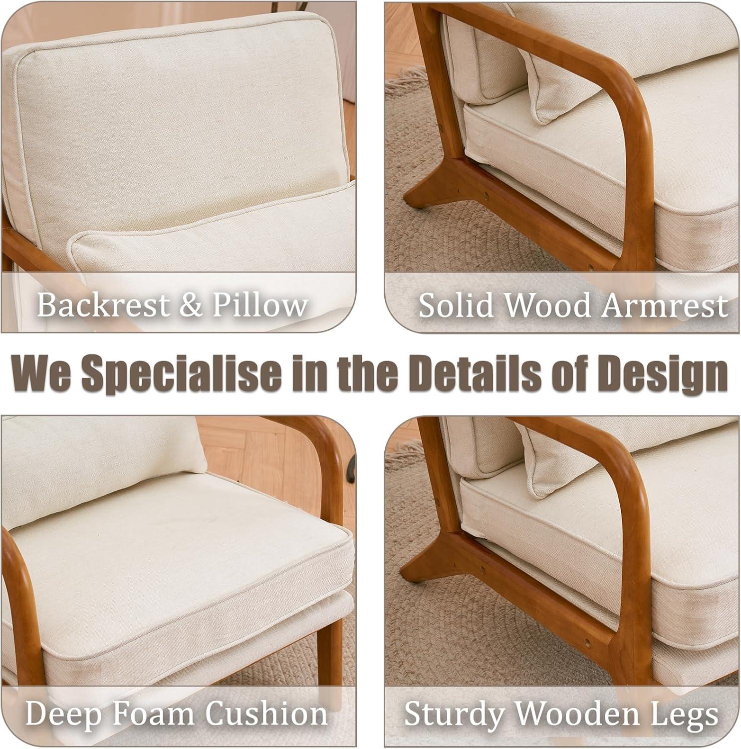 JULY'S SONG Mid-Century Wood Upholstered Fabric Solid Print Armchair, Beige (Set of 2)