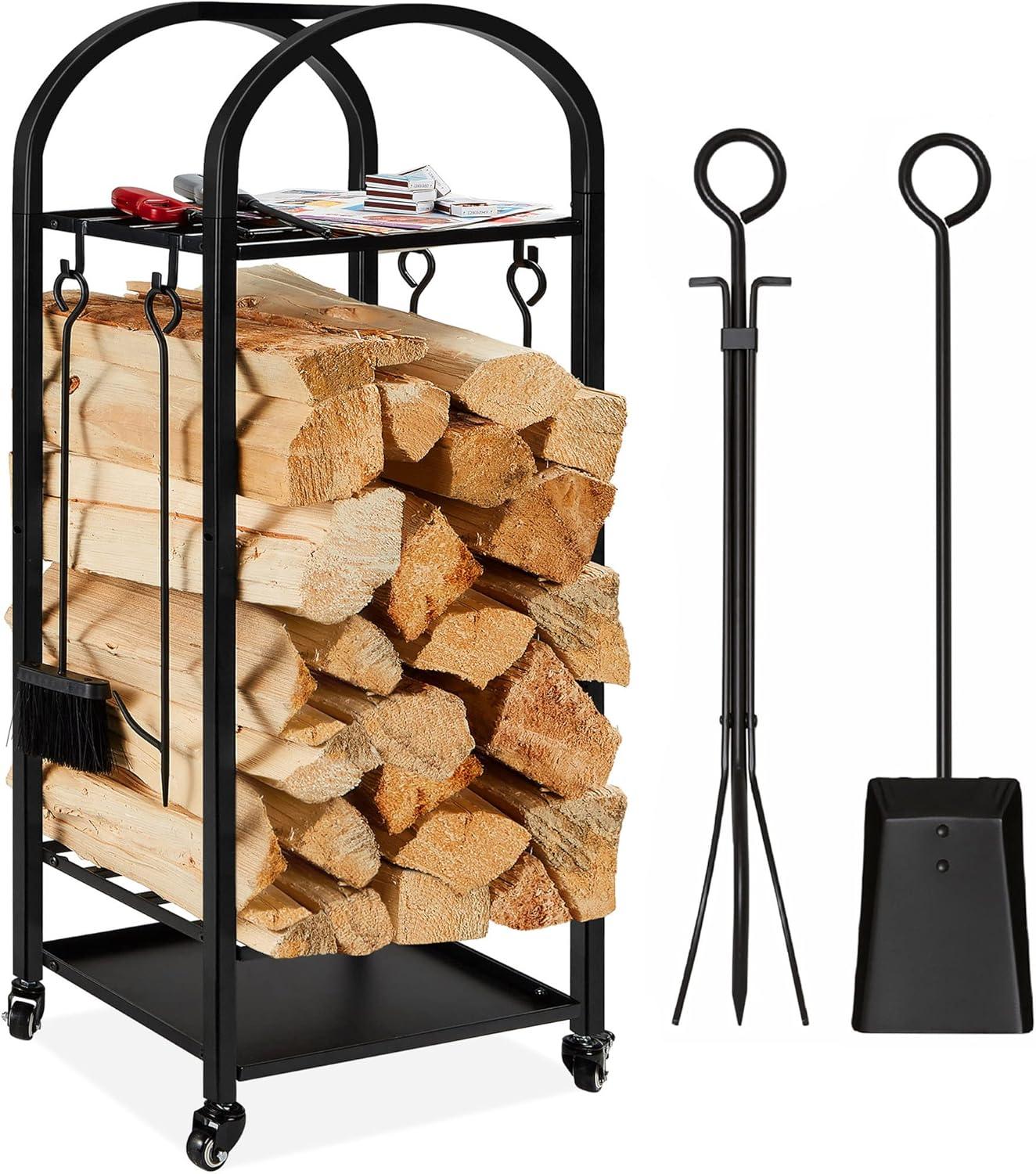 Best Choice Products 4ft 3-Tier Firewood Log Rack, Vertical Wrought Iron Holder for Home w/ 4-Piece Tool Set, Wheels