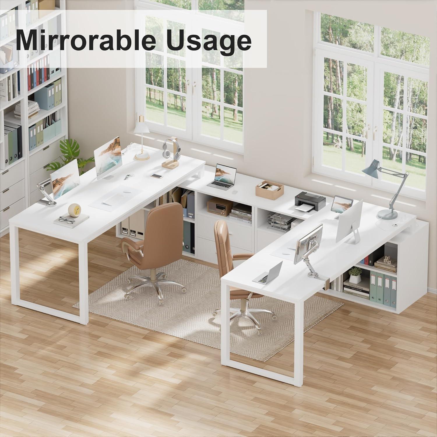 Furmax 55" L-Shaped Corner Computer Desk with File Cabinet, Power Outlet, Home Office Desk with 2 Drawers and 3 Storage Shelve, Workstation Executive Desk with Storage Shelf for Home Office, White