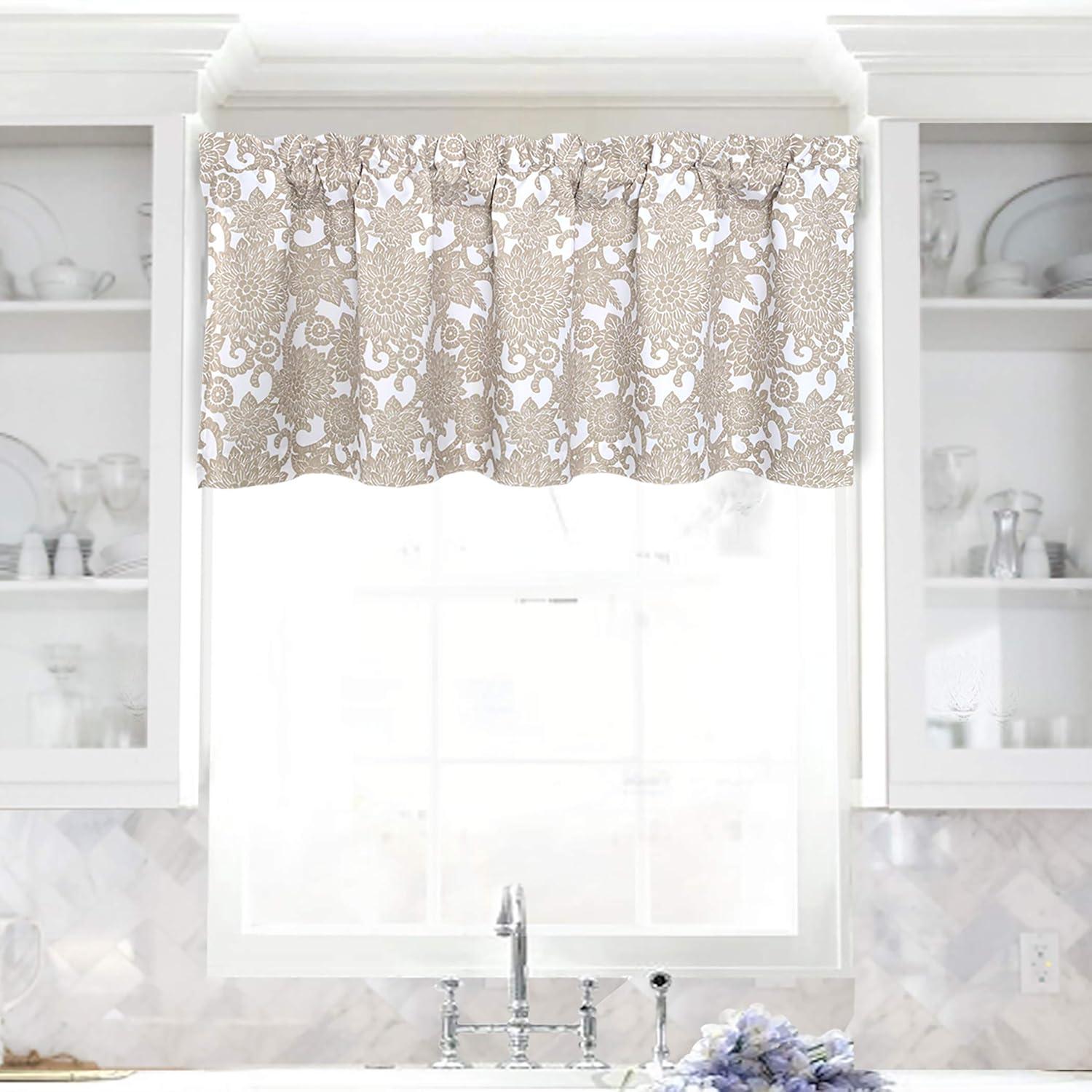 DriftAway Daisy Dahlia Blooming Flower/Floral Lined Thermal Insulated Energy Saving Window Curtain Valance for Living Room/Bedroom/Kitchen, 2 Layers, Rod Pocket, 52"x18"+2’’Header (Navy)