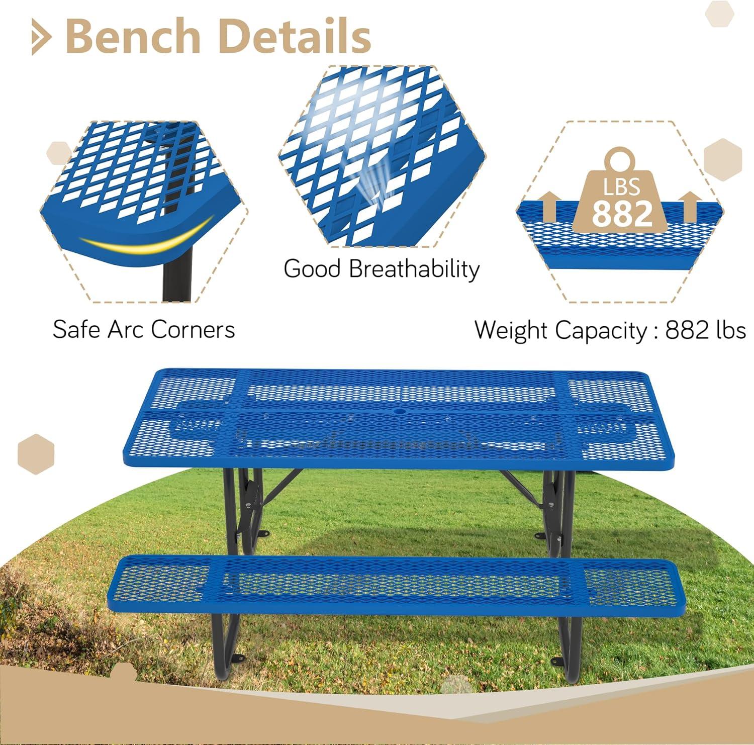 72'' Blue Rectangular Steel Outdoor Picnic Table with Umbrella Hole