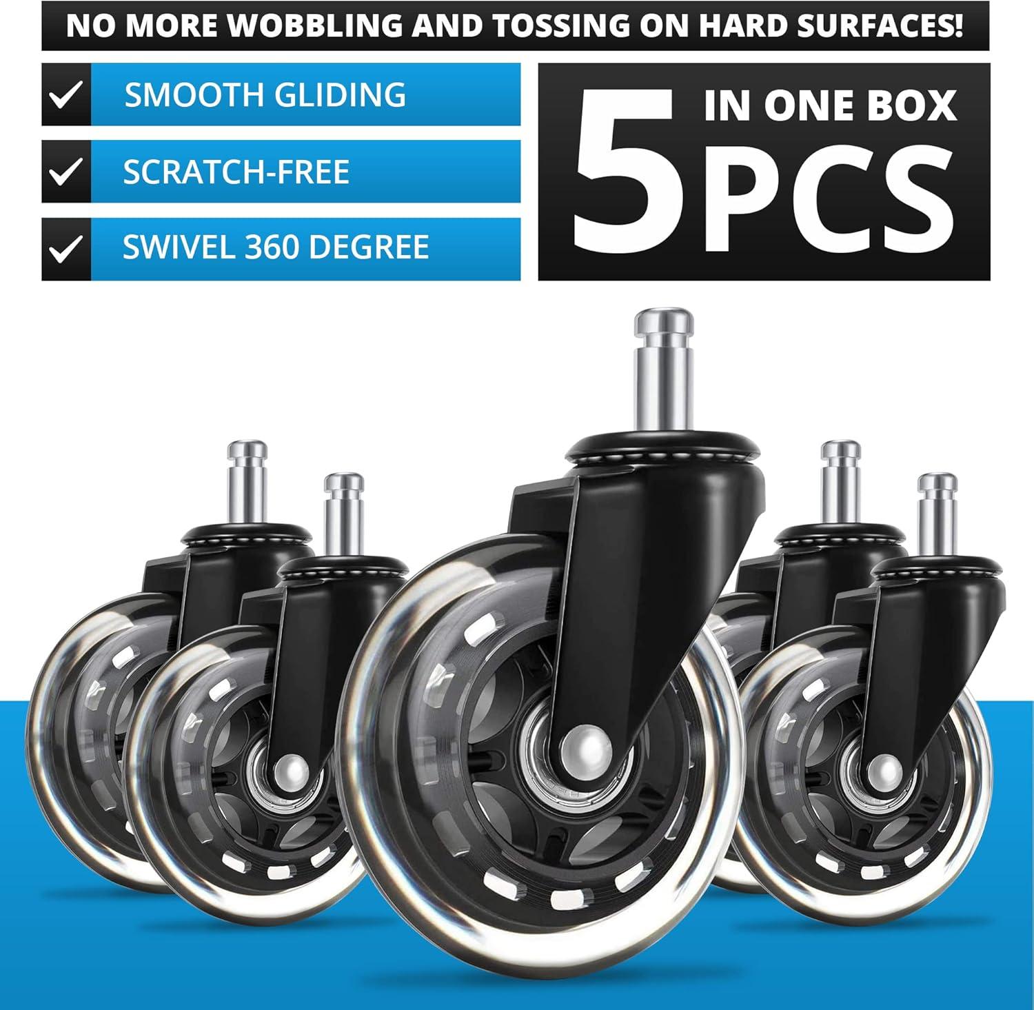 Office Chair Caster Wheels Replacement Rubber Chair casters for Hardwood Floors and Carpet, (Set of 5) Heavy Duty Office Chair casters for Chairs to Replace Office Chair mats Universal fit