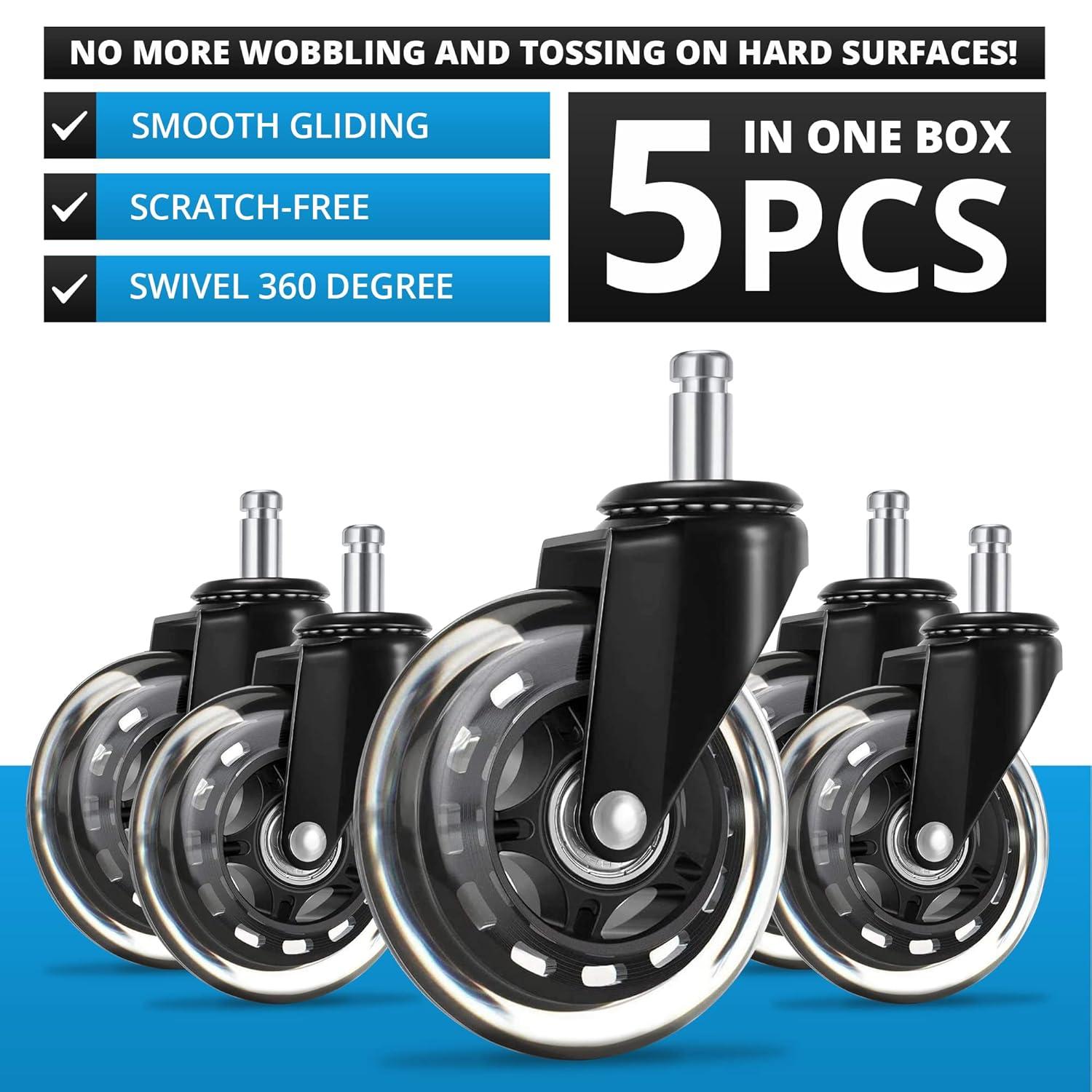 Office Chair Caster Wheels Replacement Rubber Chair casters for Hardwood Floors and Carpet, (Set of 5) Heavy Duty Office Chair casters for Chairs to Replace Office Chair mats Universal fit