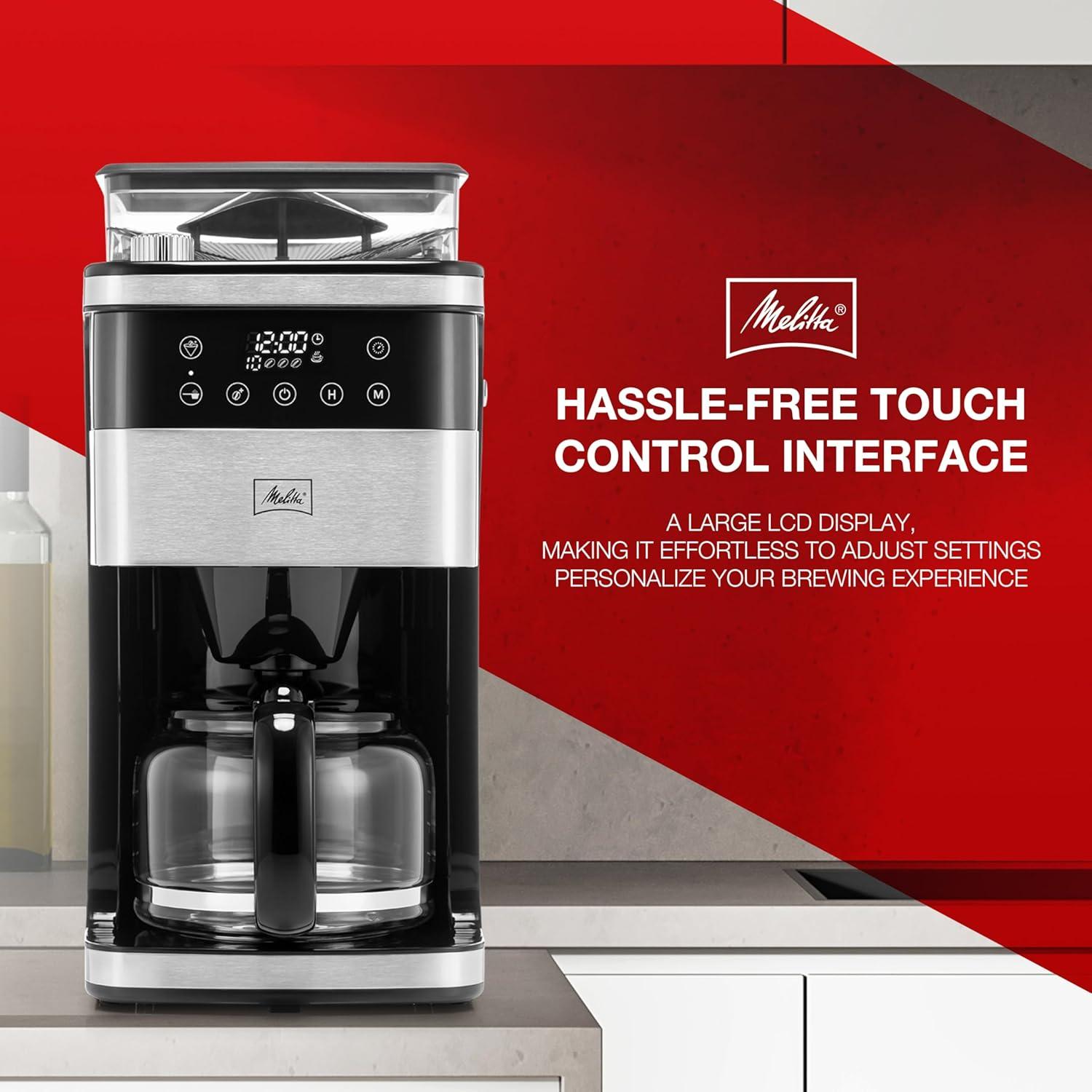 Melitta Aroma Fresh Plus 10c Drip Coffeemaker with Coffee Grinder: Stainless Steel, Digital Display, Automatic Shut-Off