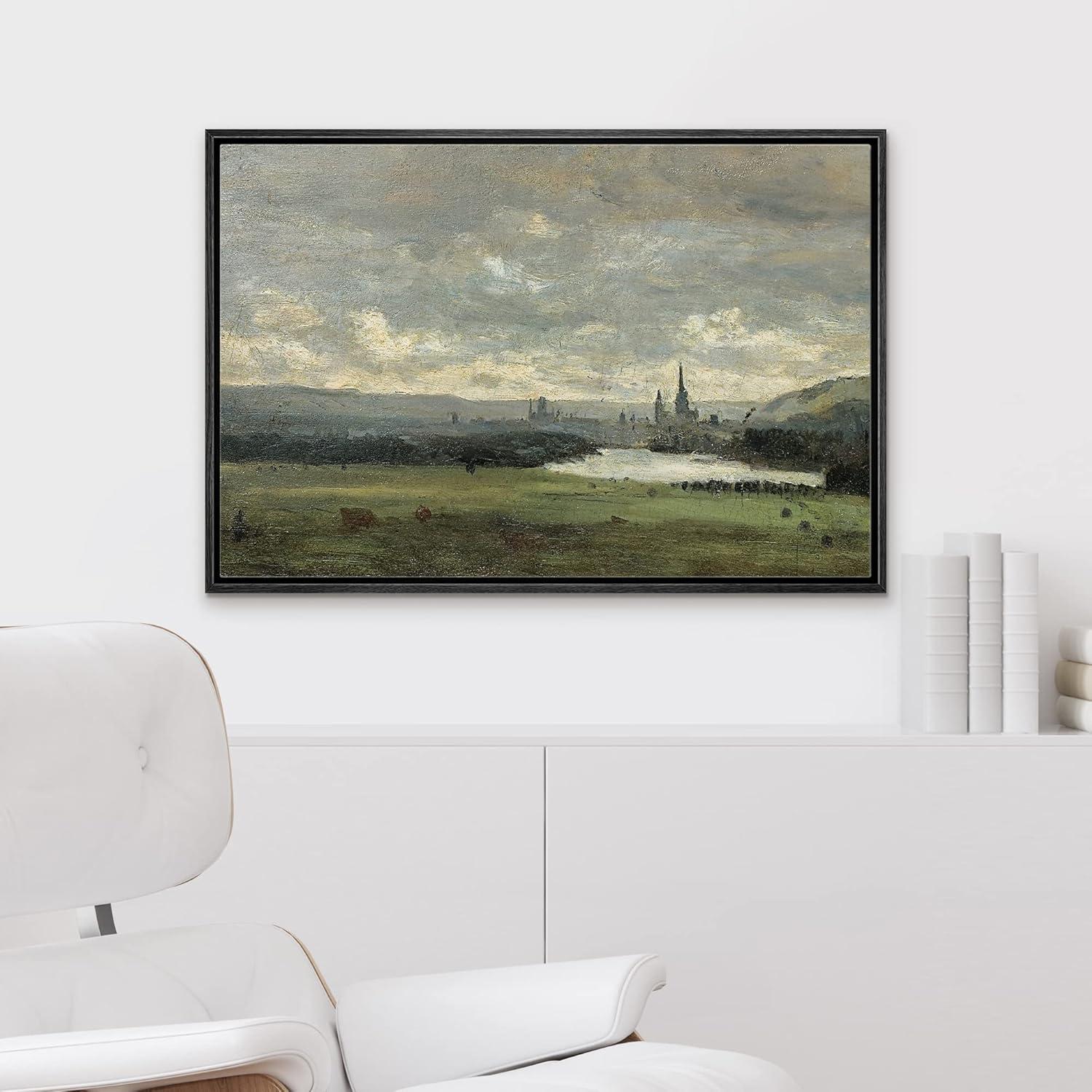 IDEA4WALL Rustic Countryside " IDEA4WALL Framed Canvas Print Wall Art Pastel Storm Cloud Valley Lake Landscape Nature Wilderness Illustrations Fine Art Decorative Rustic Multicolor For Living Room, Bedroom, Office "