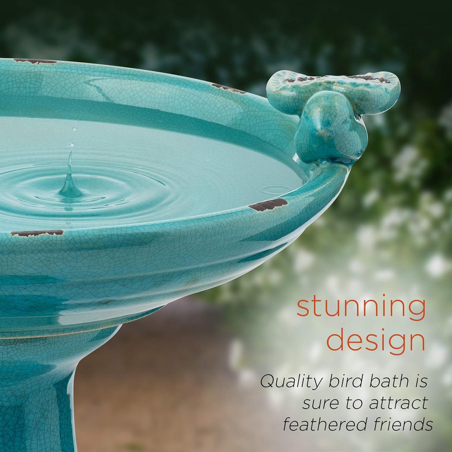 Alpine Corporation Ceramic Pedestal Bird Bath with Bird Figurines, Turquoise