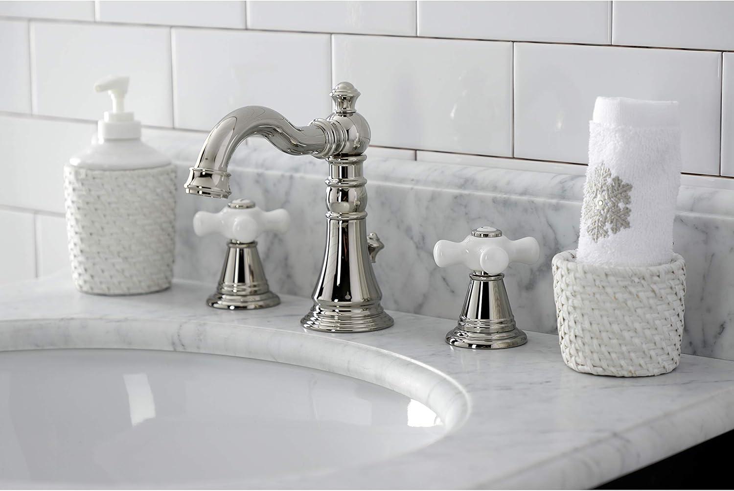 Kingston Brass American Classic Two-Handle 3-Hole Deck Mount Widespread Bathroom Faucet with Pop-Up Drain