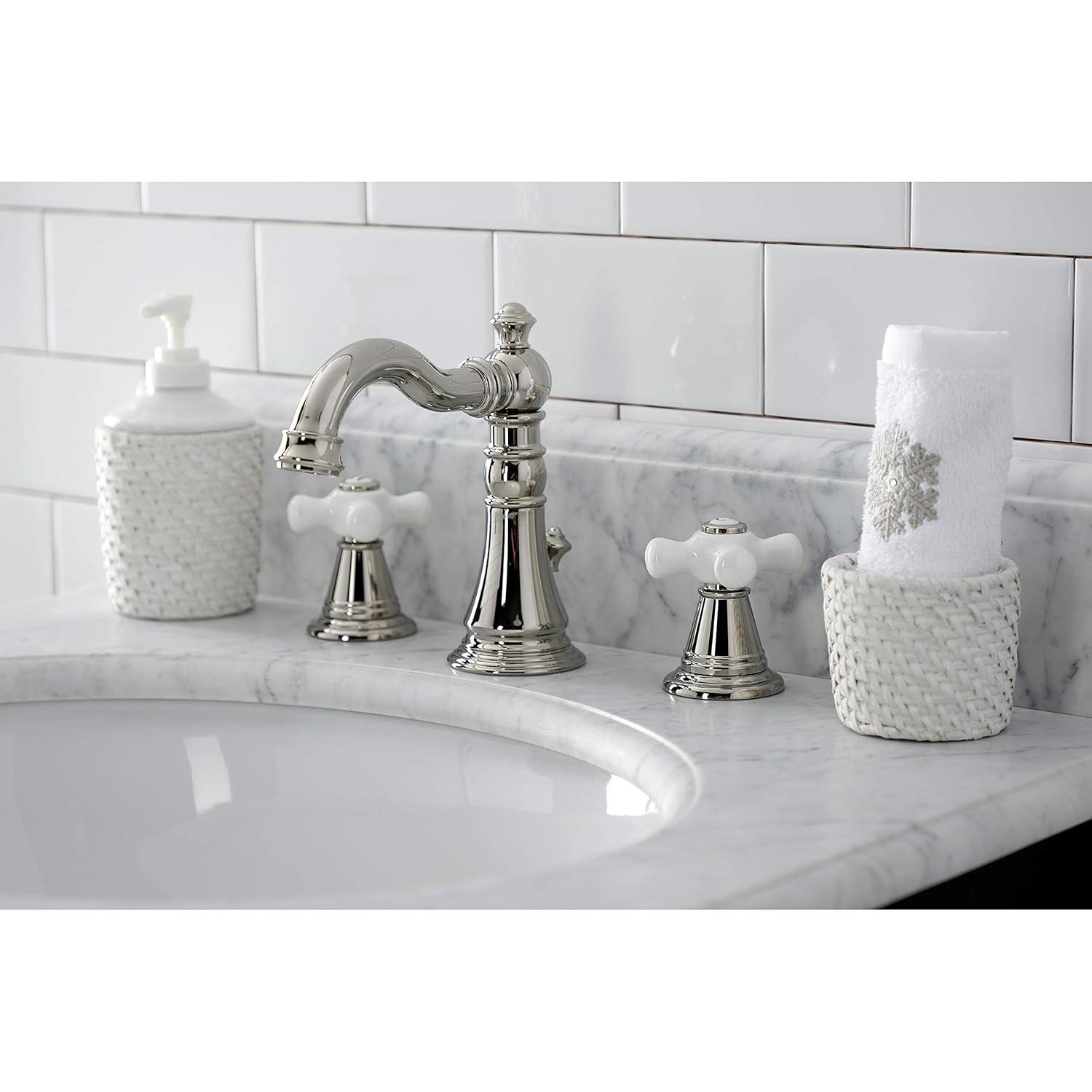 Kingston Brass American Classic Two-Handle 3-Hole Deck Mount Widespread Bathroom Faucet with Pop-Up Drain
