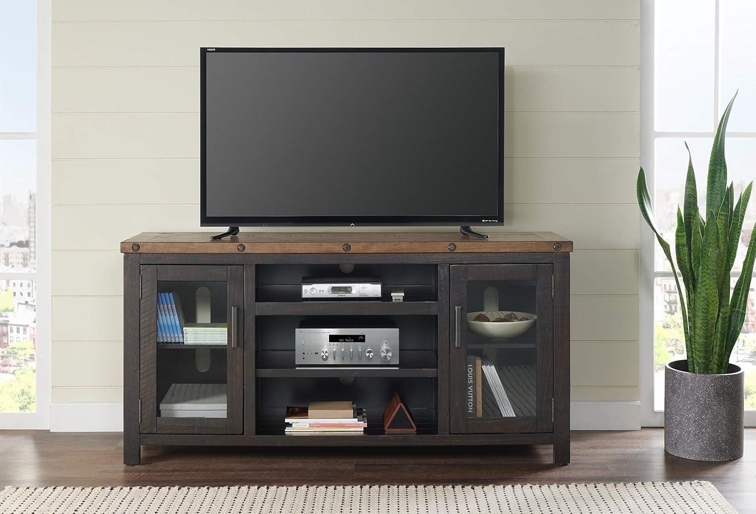 TV Stand with 2 Doors and Open Cubbies, Brown and Black- Saltoro Sherpi