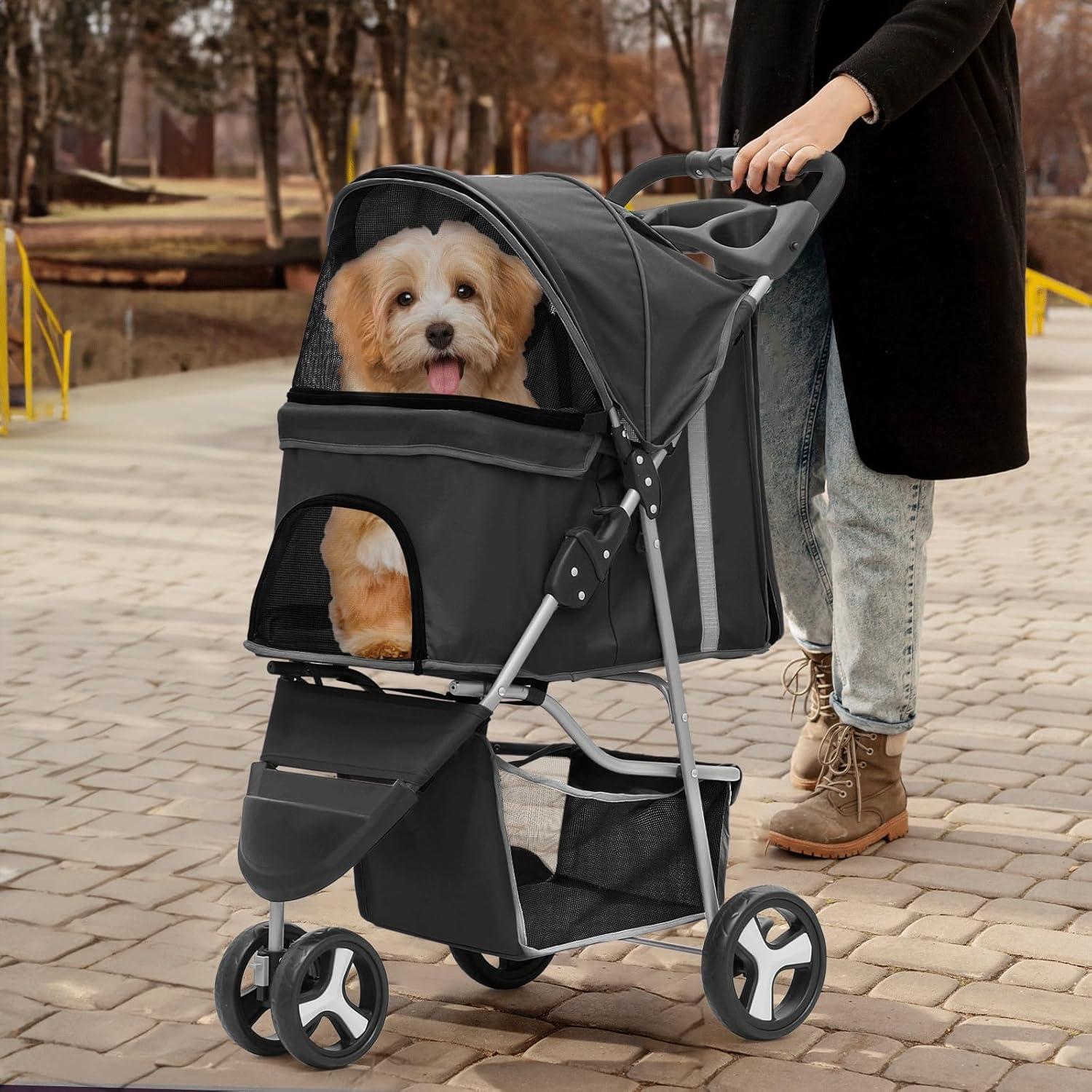 MoNiBloom Pet Dog Stroller, 3 Wheels Foldable Dog Cat Strollers with Storage Basket and Cup Holder for Small and Medium Cats, Dogs, Puppies, Black