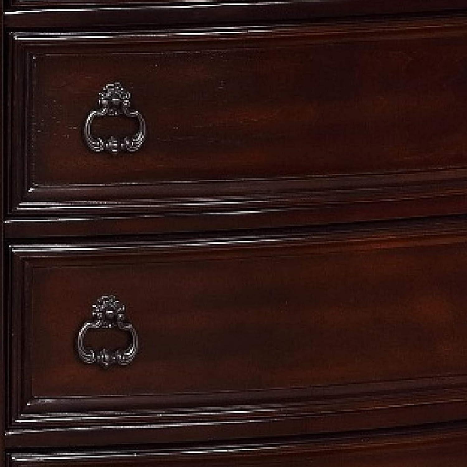 5 Drawers Wooden Chest with Engraved Details and Bun Feet, Cherry Brown