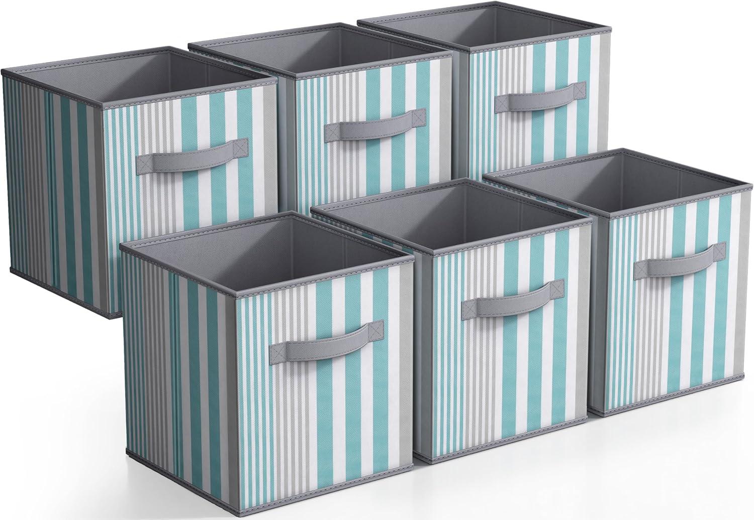 Aqua and Gray Striped Collapsible Fabric Storage Cubes - 6 Pack