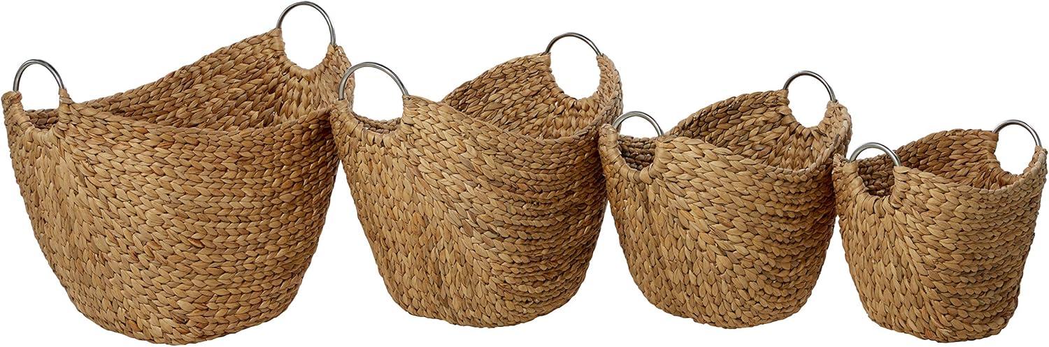 4 Piece Brown Seagrass Handmade Woven Storage Basket with Metal Handles Set