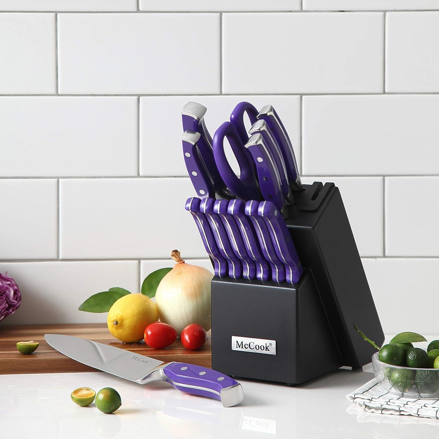 MC27 14 Pieces Stainless Steel kitchen knife set with Wooden Block, Kitchen Scissors and Built-in Sharpener, Purple