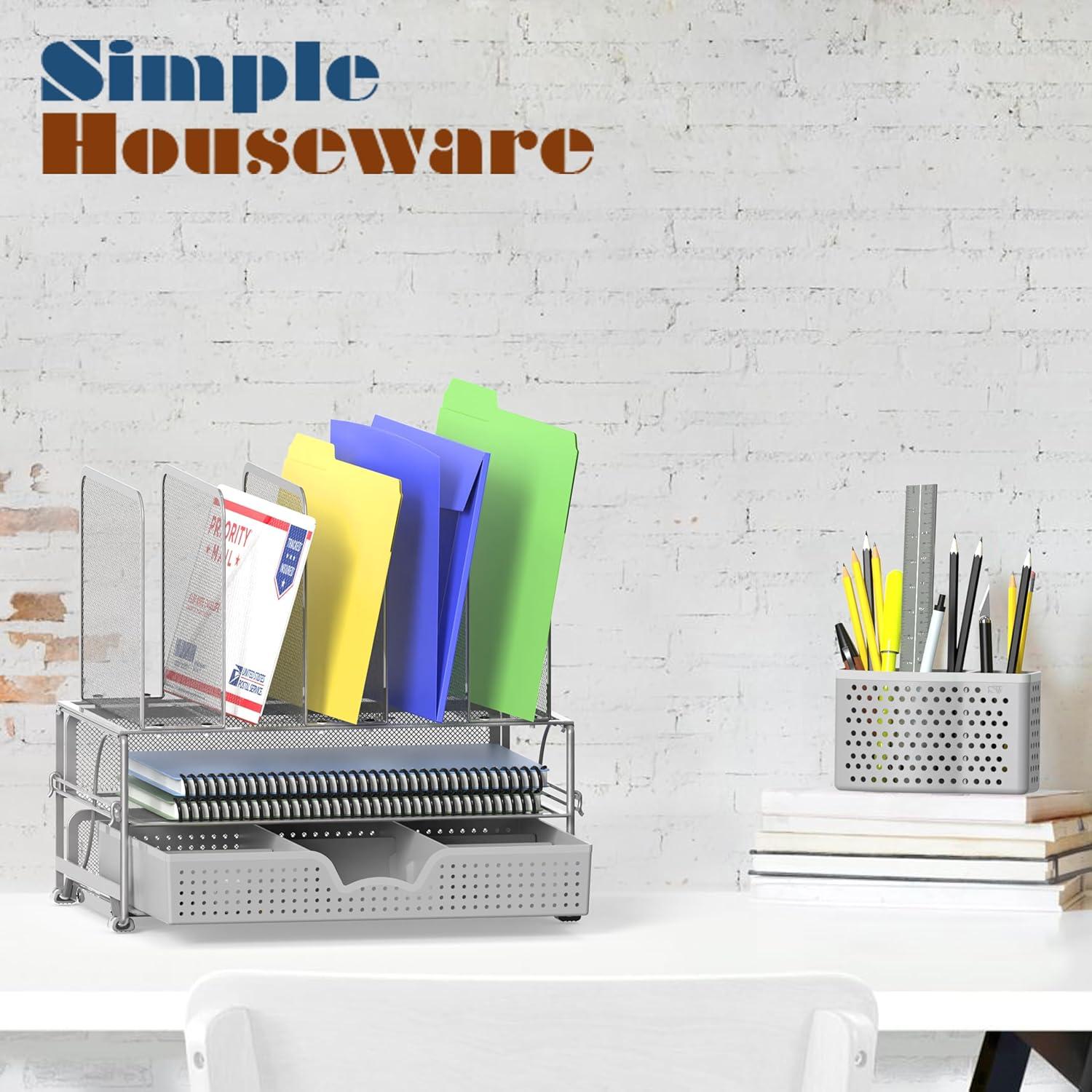 SimpleHouseware Mesh Desk Organizer with Sliding Drawer, Double Tray and 5 Upright Sections, Silver