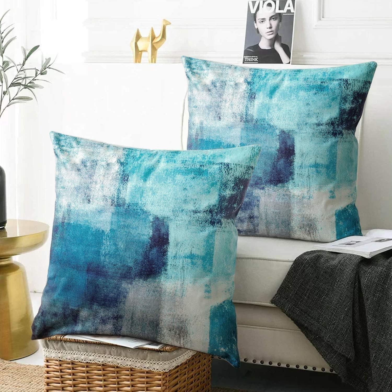 Set of 2 Teal and Grey Cotton Polyester Throw Pillow Covers