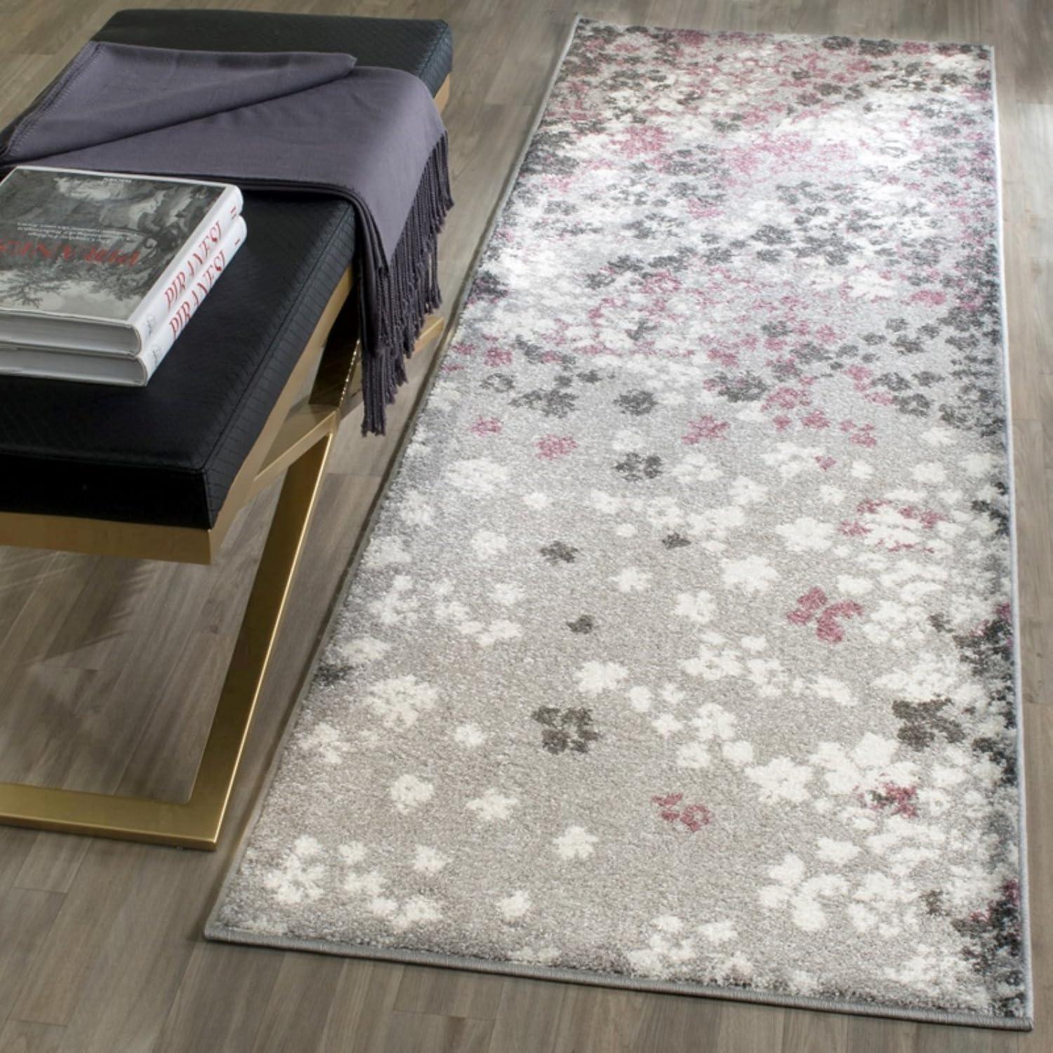 Light Grey and Purple Floral Synthetic Area Rug