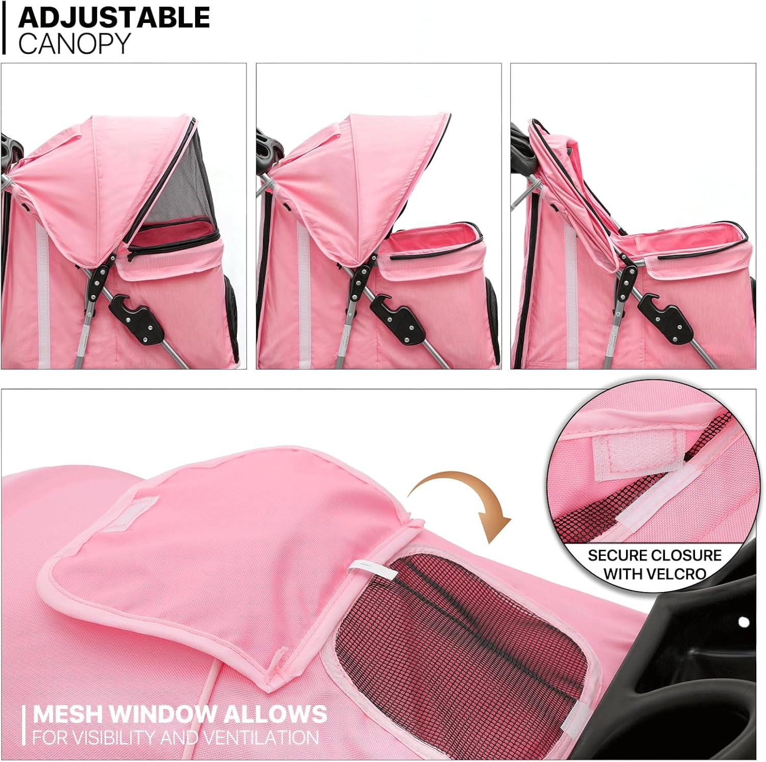 3 Wheel Folding Pet Stroller, Foldable Dog Jogger Stroller with Storage Basket, Cup Holder & Canopy