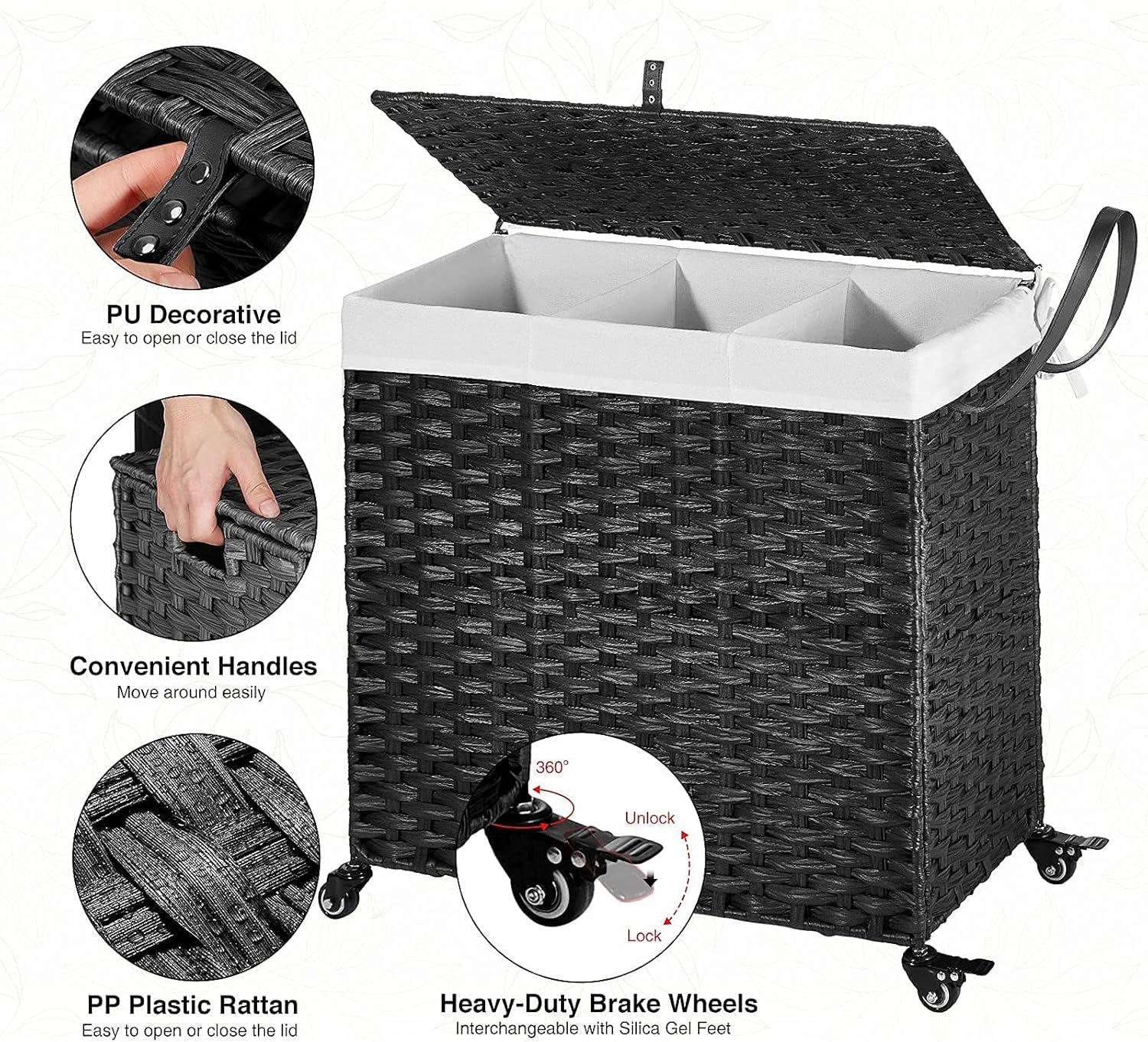 Greenstell Laundry Hamper with Wheels&Lid, 140L Large 3 Sections Clothes Hamper with 2 Types Removable Liner Bags, 5 Mesh Laundry Bags, Handwoven Divided Laundry Basket Black