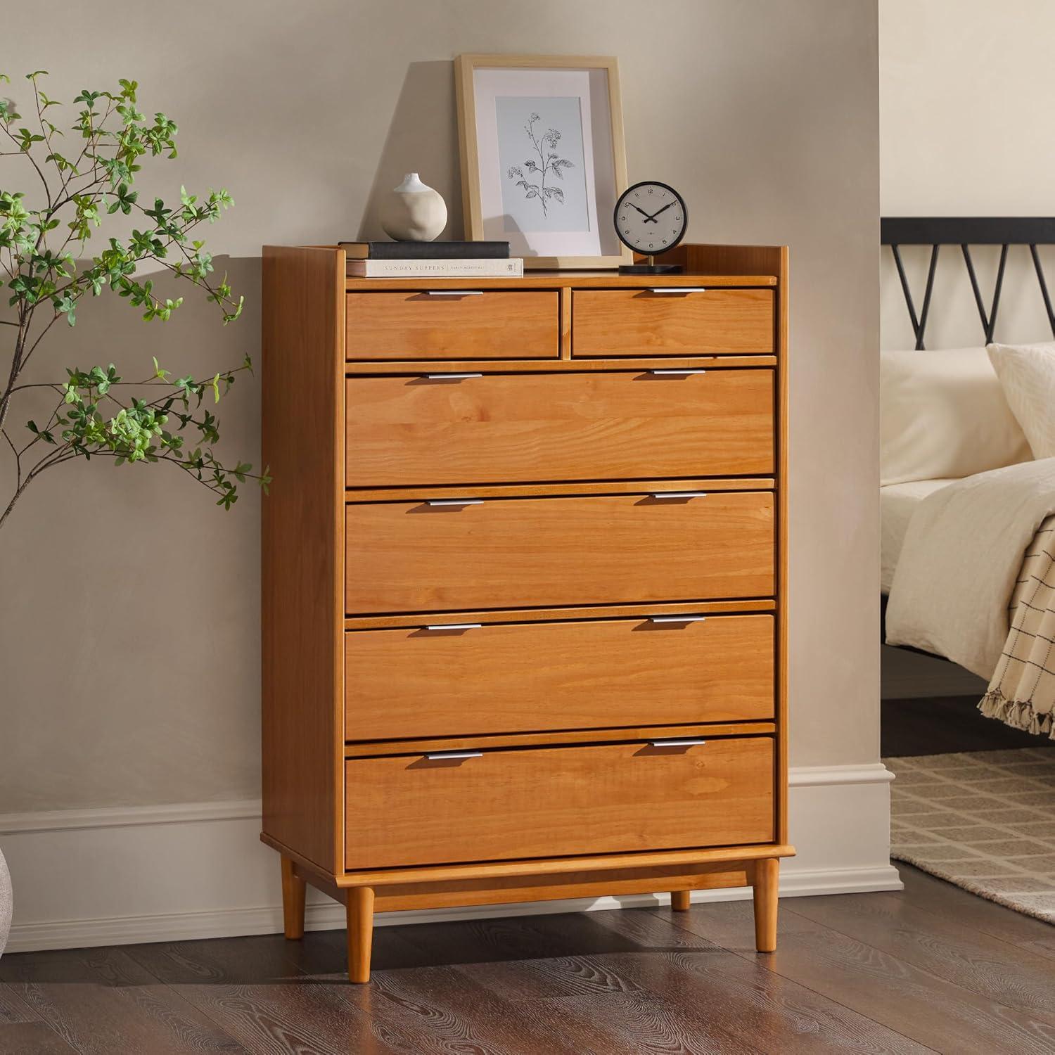Caramel Solid Wood Mid-Century Modern 6-Drawer Tall Dresser