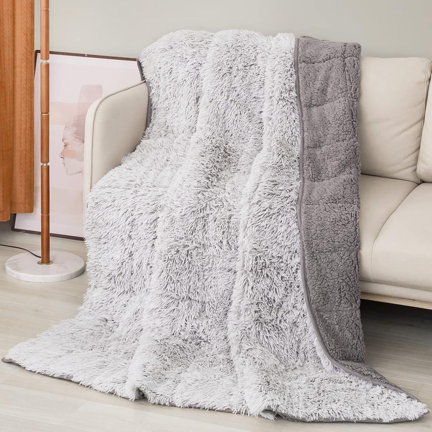 Cottonblue Faux Fur Weighted Blanket 15 lbs, Long Fur Fluffy Weighted Blanket Twin Size for Adults, Cozy Warm Fuzzy Sherpa Reverse Heavy Blanket for Sofa Bed Couch, 48 x 72 Inches, Morandi Grey