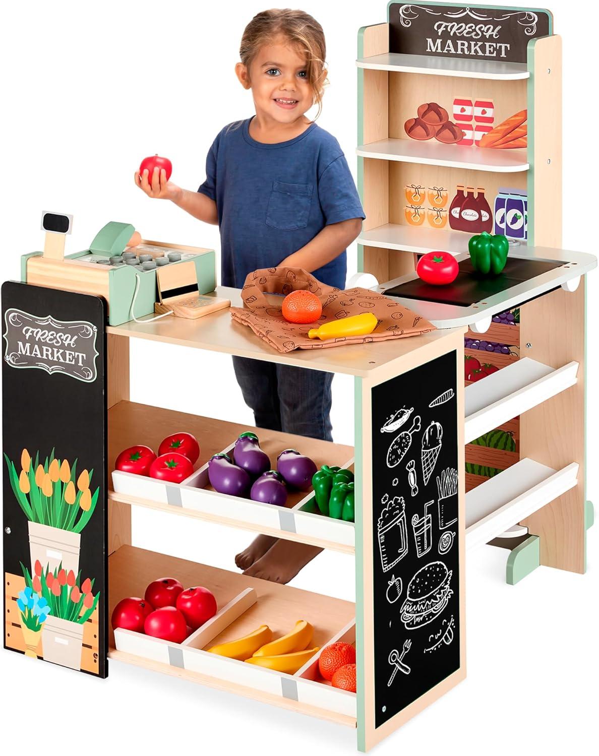 Best Choice Products Kids Pretend Play Grocery Store Wooden Supermarket Set w/ Chalkboard, Cash Register - Natural