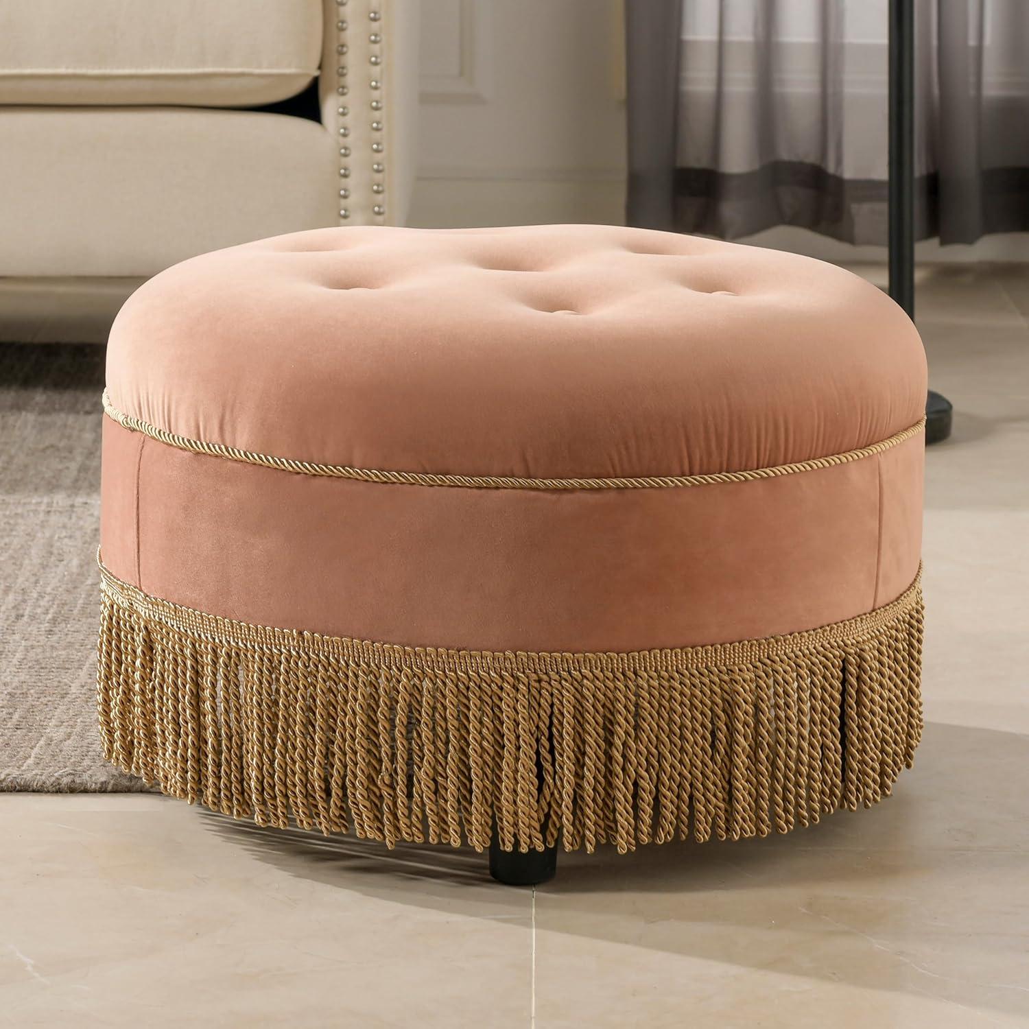 Yolanda Traditional Tufted Round Ottoman in Peach Orange Velvet