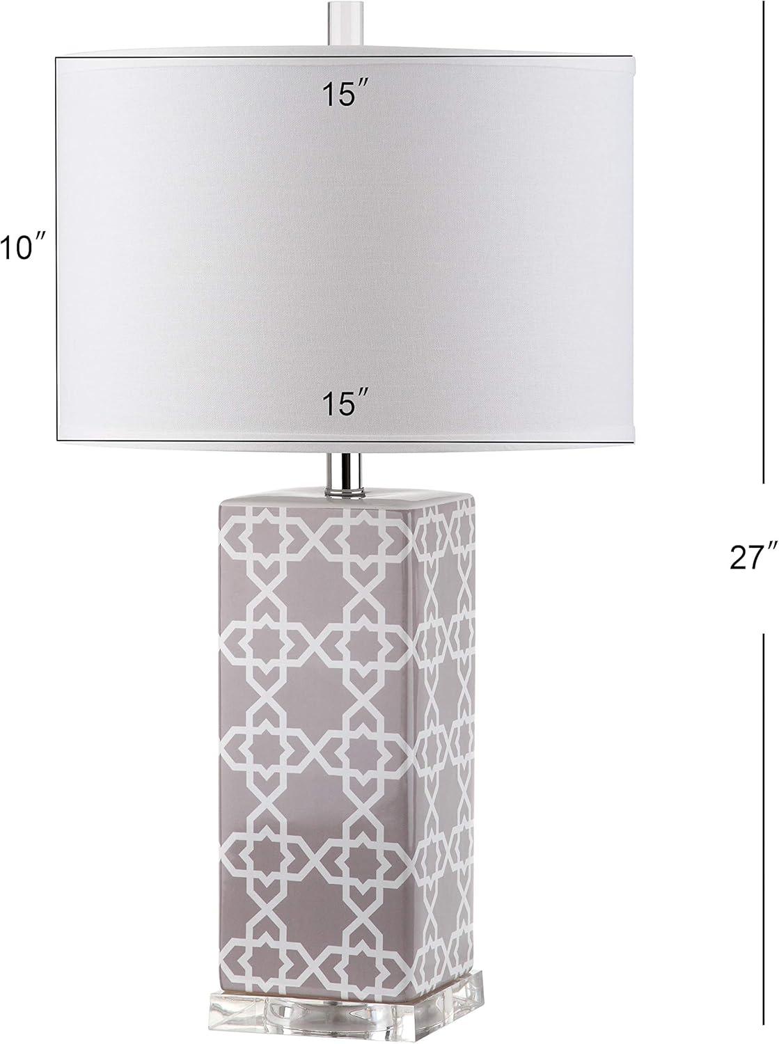 Quatrefoil Grey and White Ceramic Table Lamp Set with Cotton Shade
